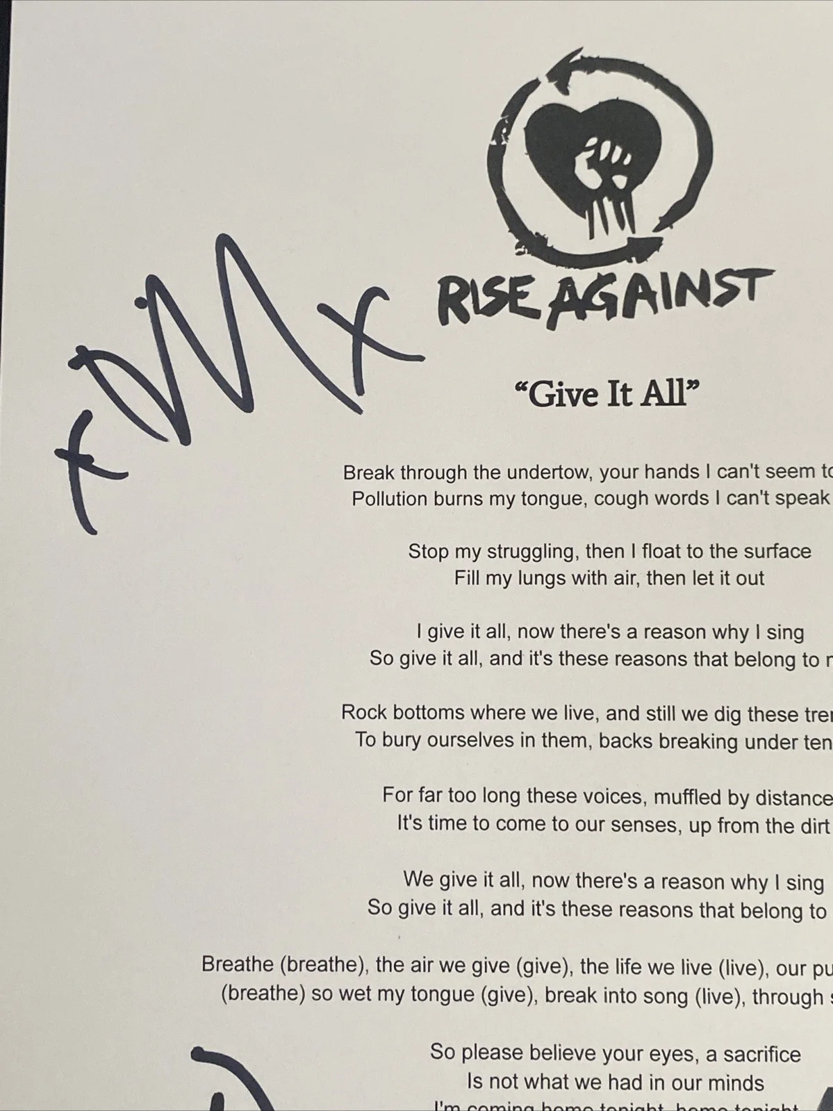 Rise Against Band Autographed Lyric Sheet ‘Give It All’ Tim Mcilrath +3, изображение 2