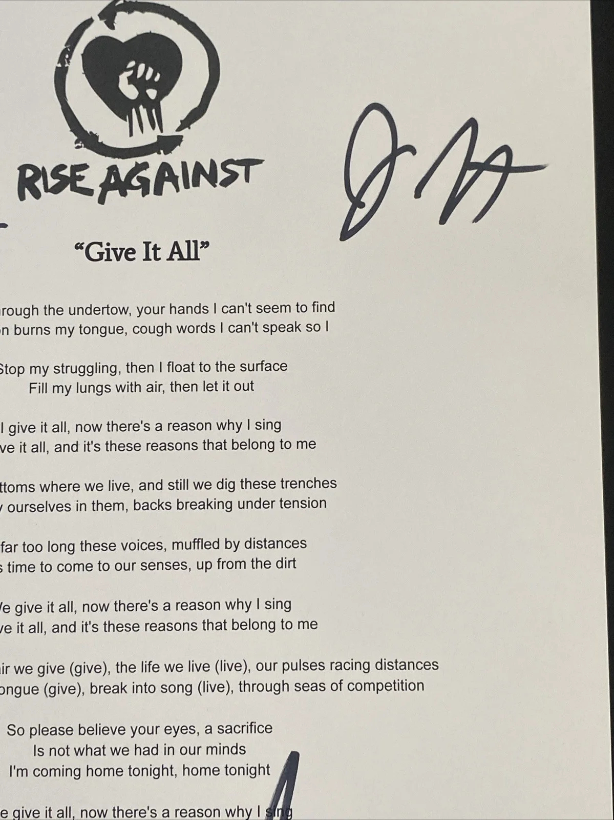 Rise Against Band Autographed Lyric Sheet ‘Give It All’ Tim Mcilrath +3, изображение 3