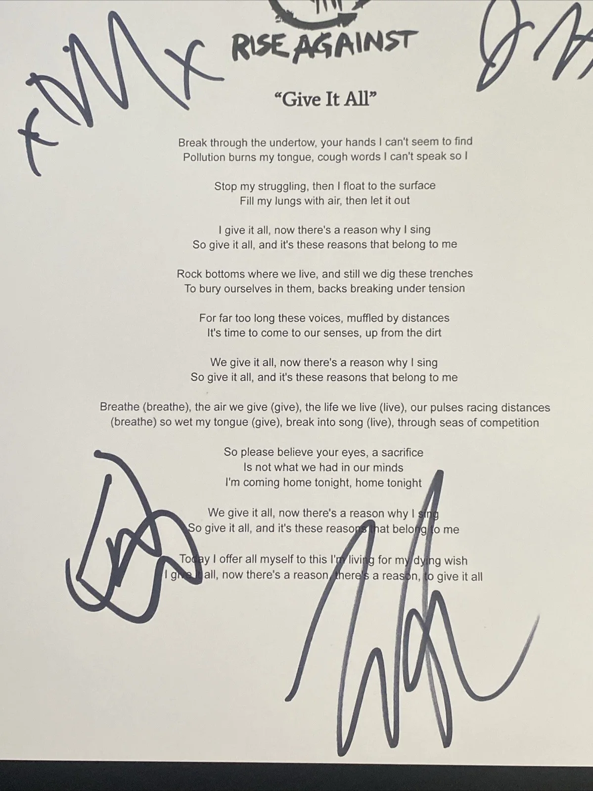 Rise Against Band Autographed Lyric Sheet ‘Give It All’ Tim Mcilrath +3, изображение 4