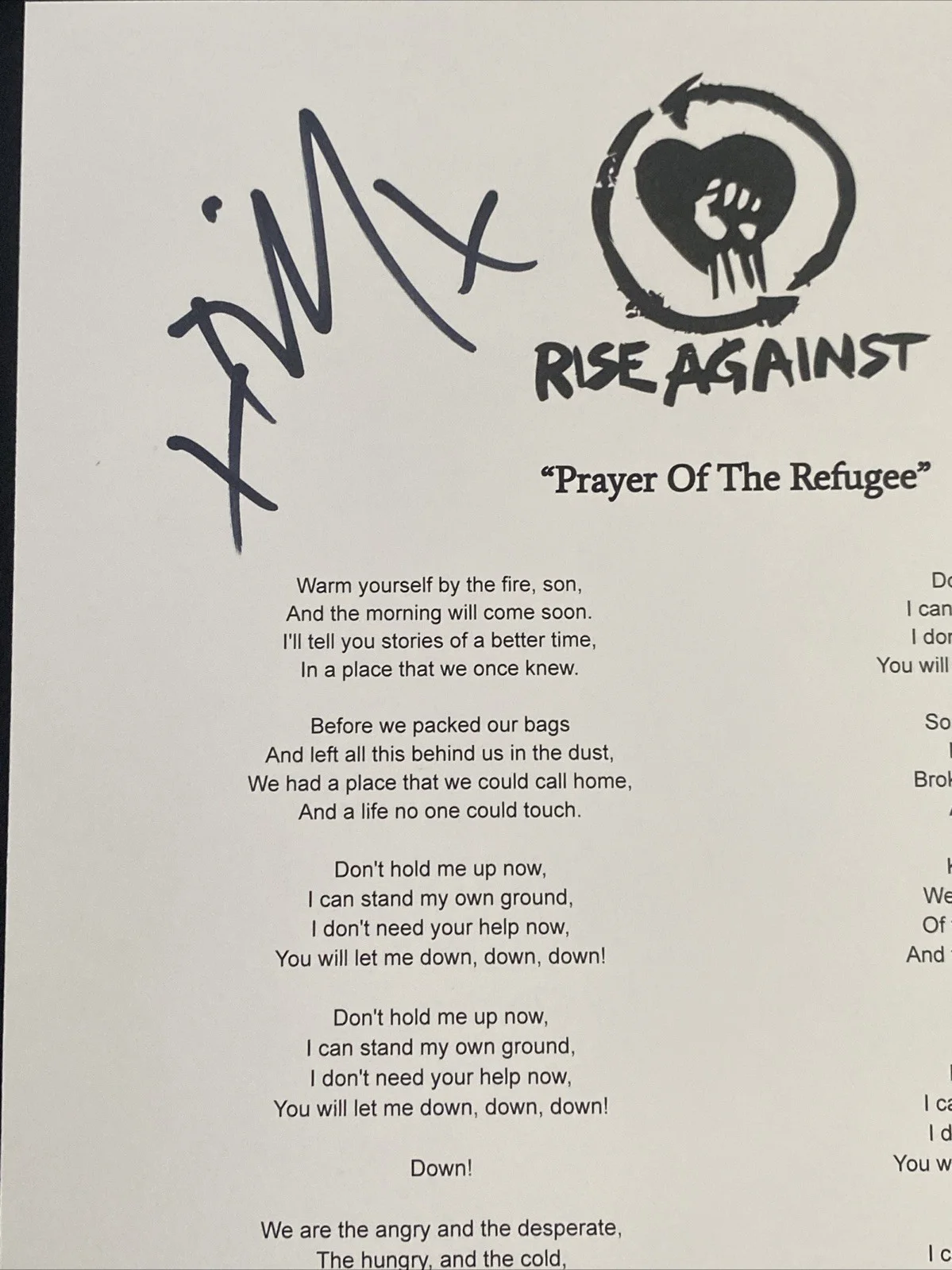 Rise Against Band Autographed Lyric Sheet Prayer Of The Refugee Tim Mcilrath +3, изображение 2