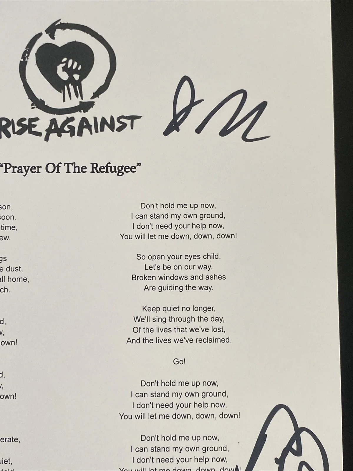 Rise Against Band Autographed Lyric Sheet Prayer Of The Refugee Tim Mcilrath +3, изображение 3