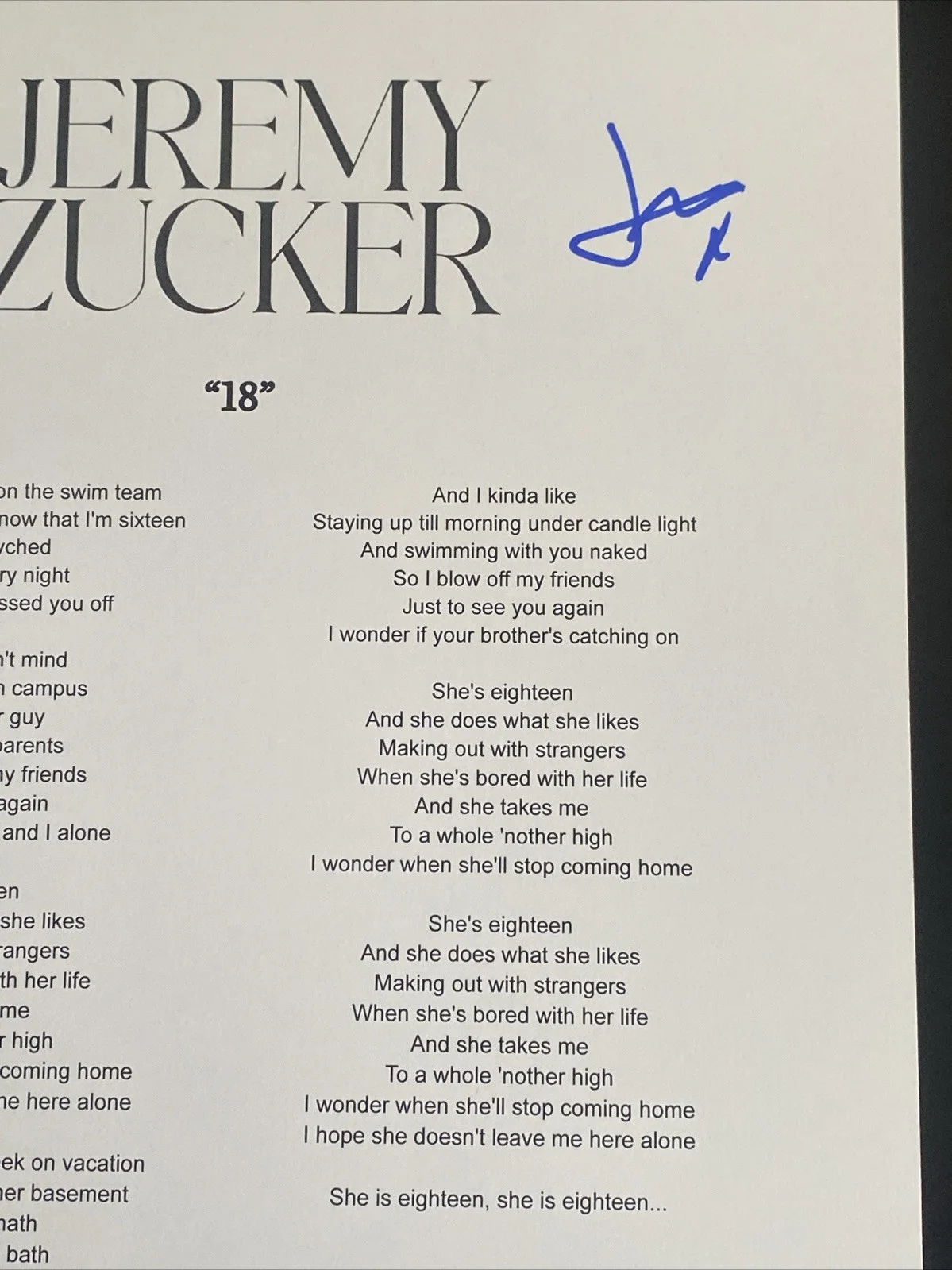Jeremy Zucker Autographed Lyric Sheet ‘18’ Pop Star, image 2