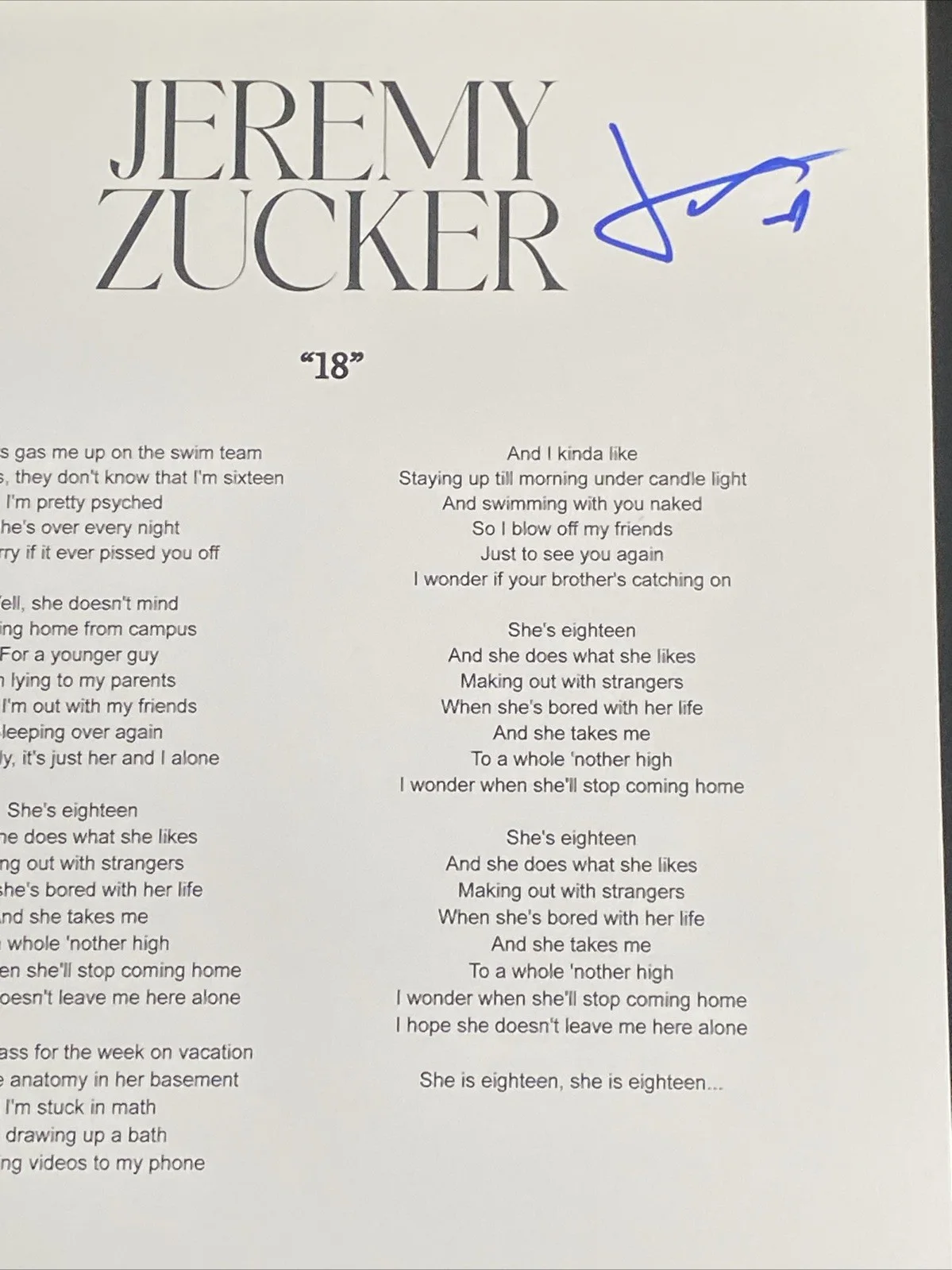 Jeremy Zucker Autographed Lyric Sheet ‘18’ Pop Star, image 2