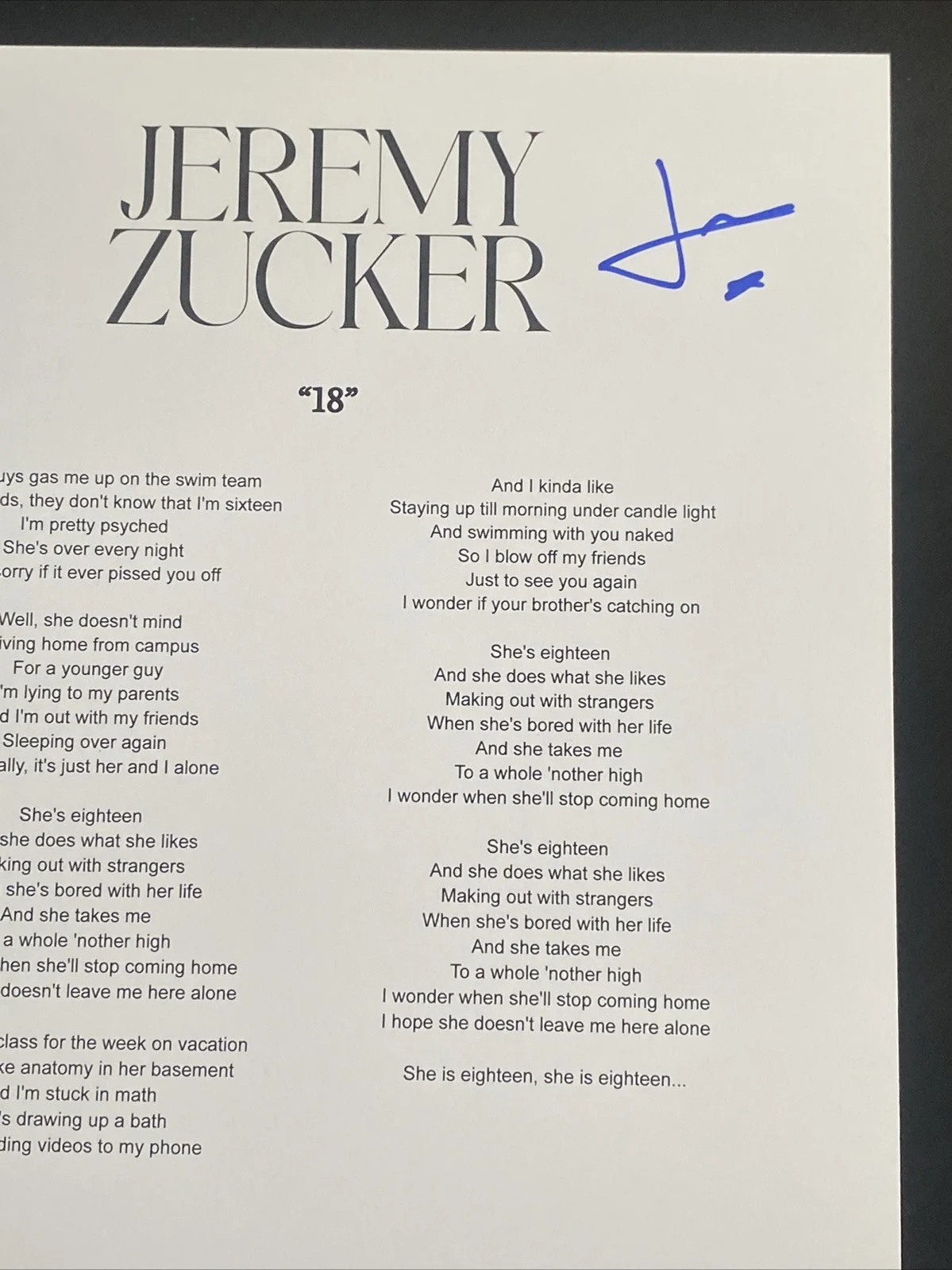 Jeremy Zucker Autographed Lyric Sheet ‘18’ Pop Star, image 2