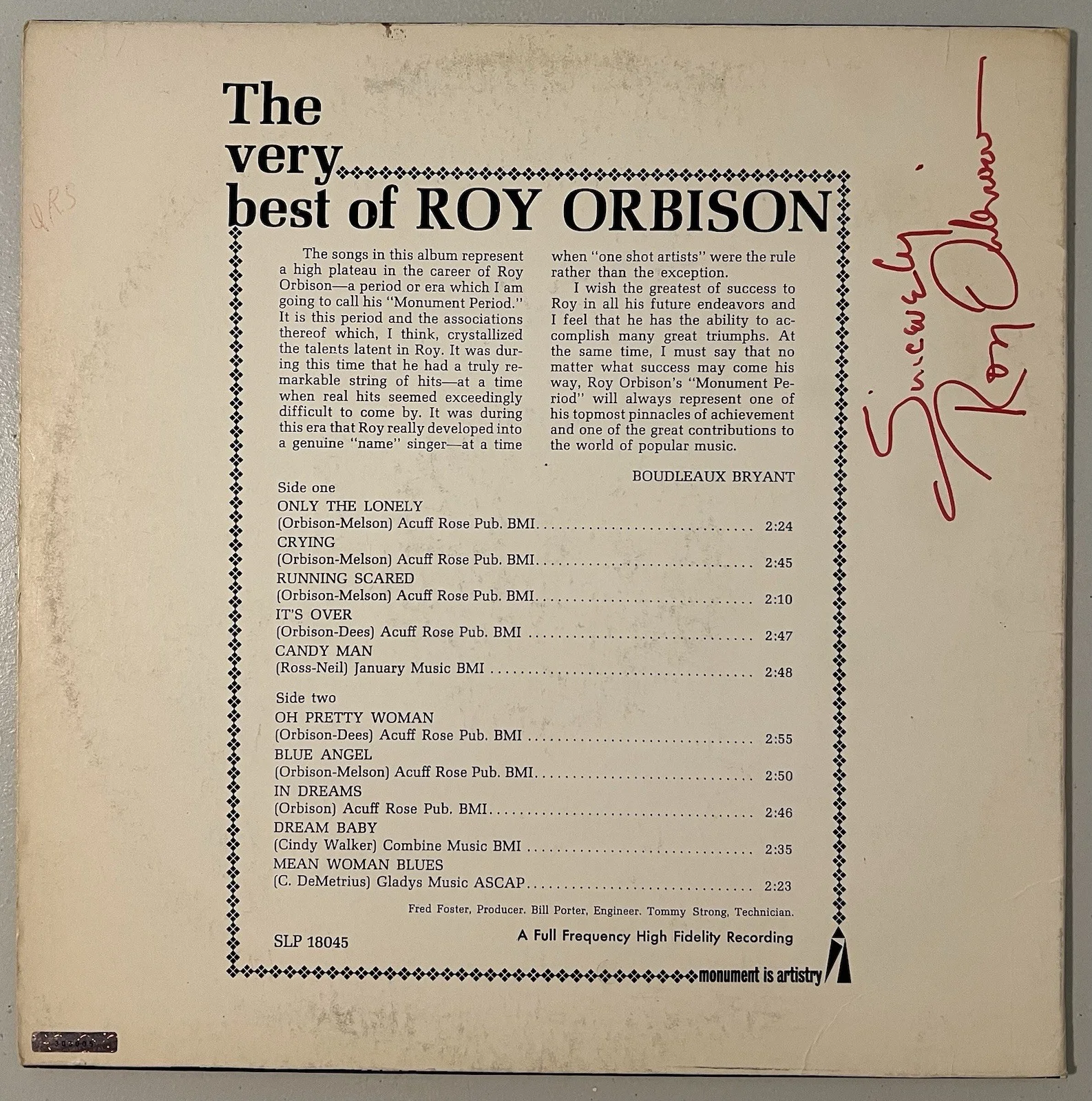 Roy Orbison Signed Record Album Autographed Hand Signed With COA, image 2