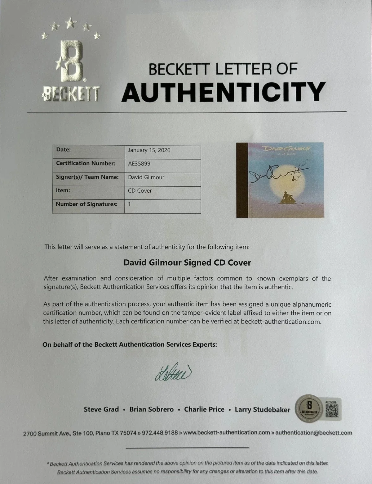 David Gilmour Signed On an Island CD Pink Floyd Beckett BAS LOA, image 2