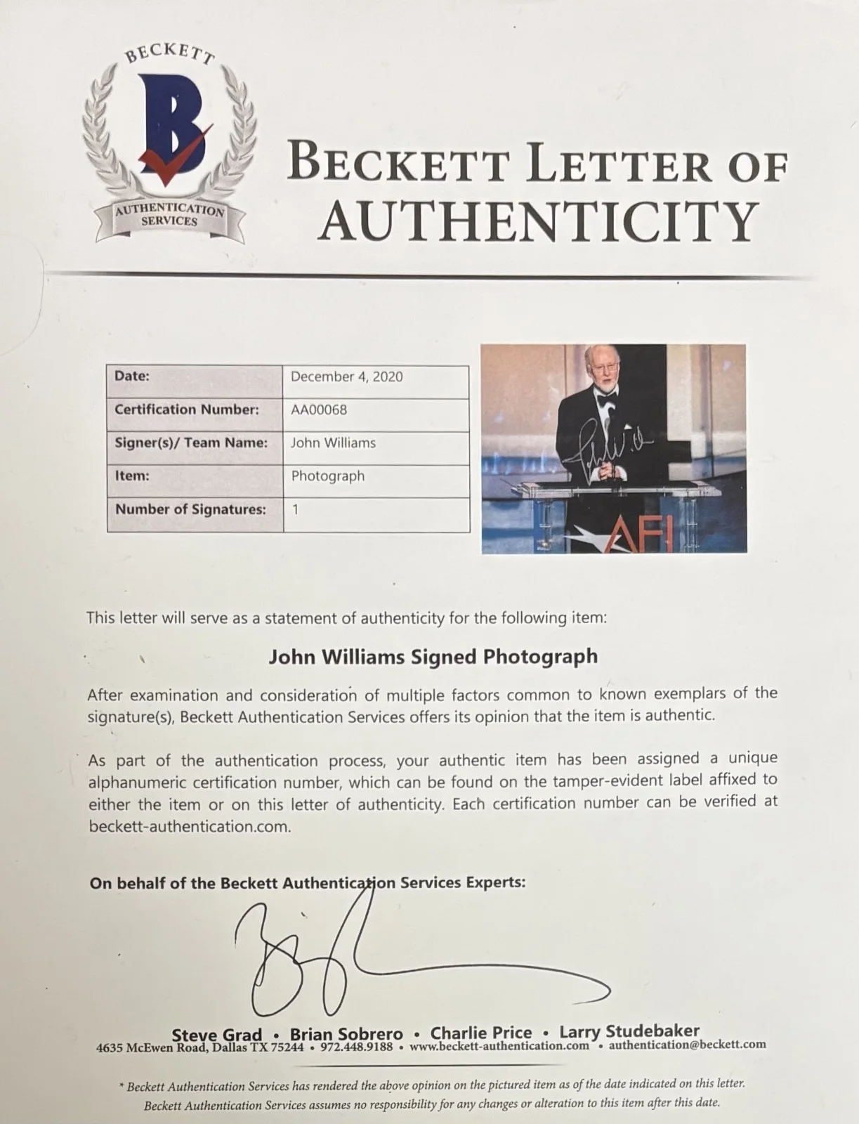 John Williams Signed 11x14 AFI Photo Star Wars Jaws ET Harry Potter Beckett BAS, image 2
