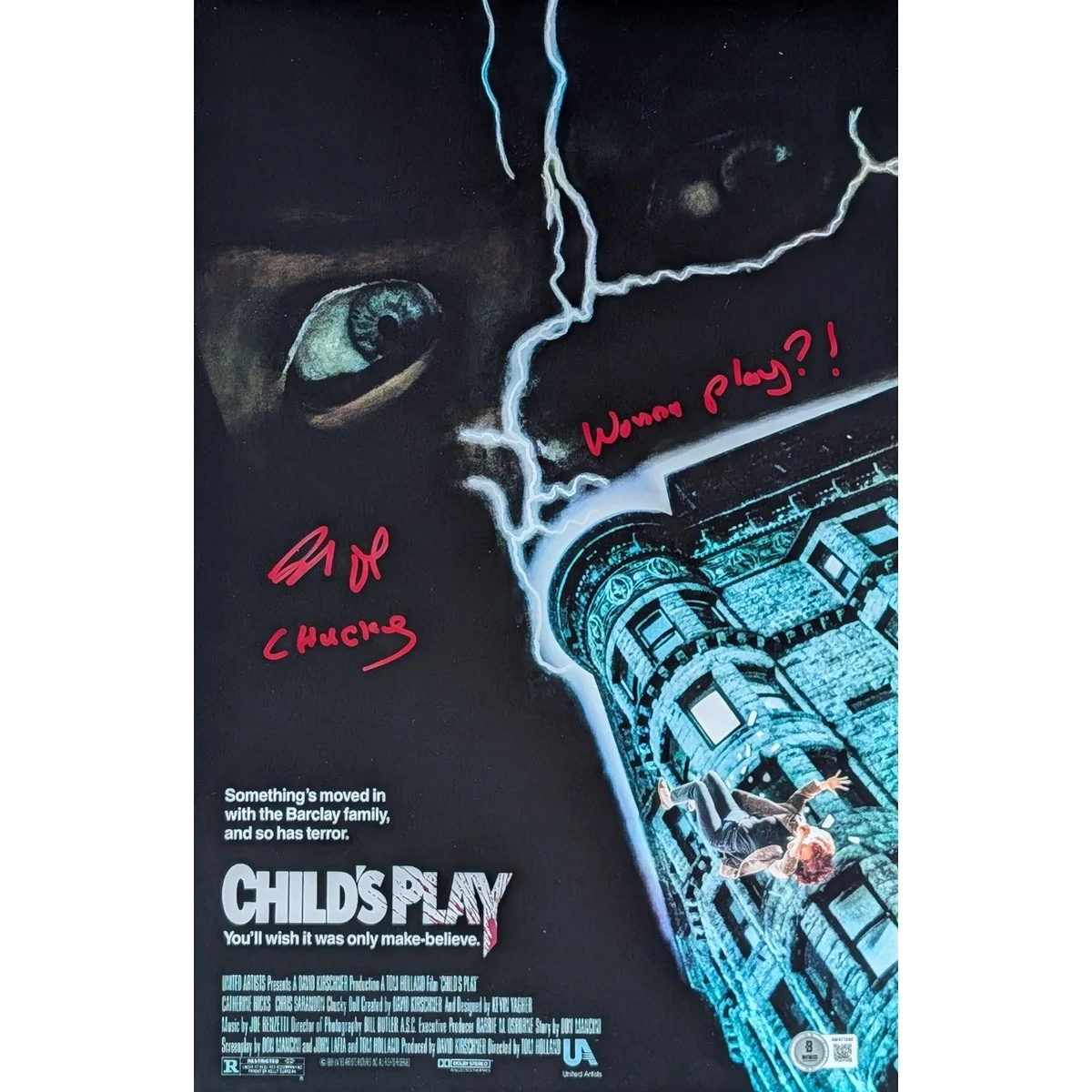 Sigourney Weaver Shia LaBeouf and Patricia Arquette — Brad Dourif Signed Child's Play Mini-Poster #1 (11x17) w/ "Wanna Play? - Chucky"