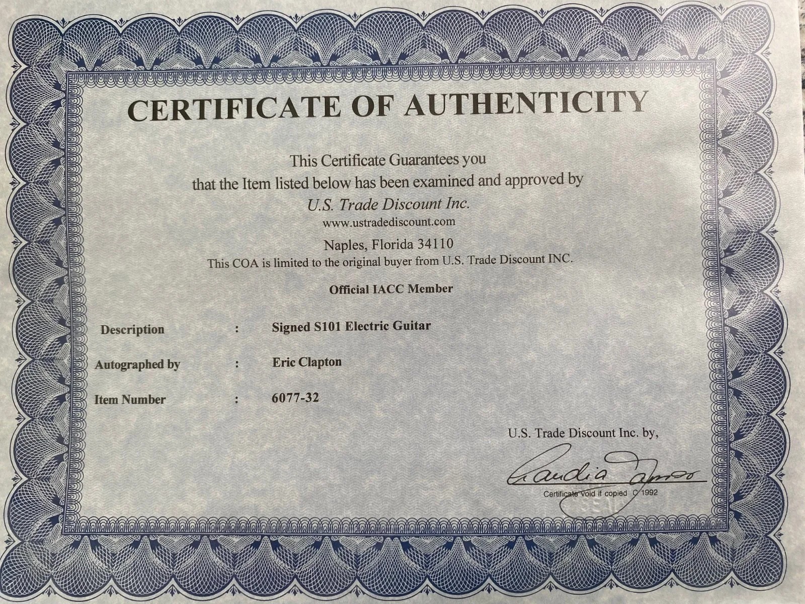 Eric Clapton autographed guitar with picture and COA, image 5