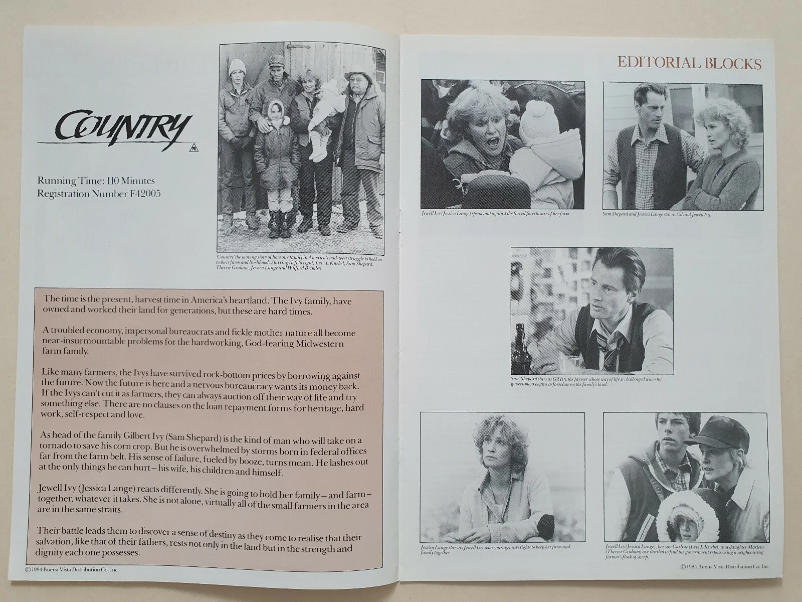 COUNTRY - VINTAGE ORIGINAL UK PRESSBOOK - JESSICA LANGE, SAM SHEPARD, изображение 2