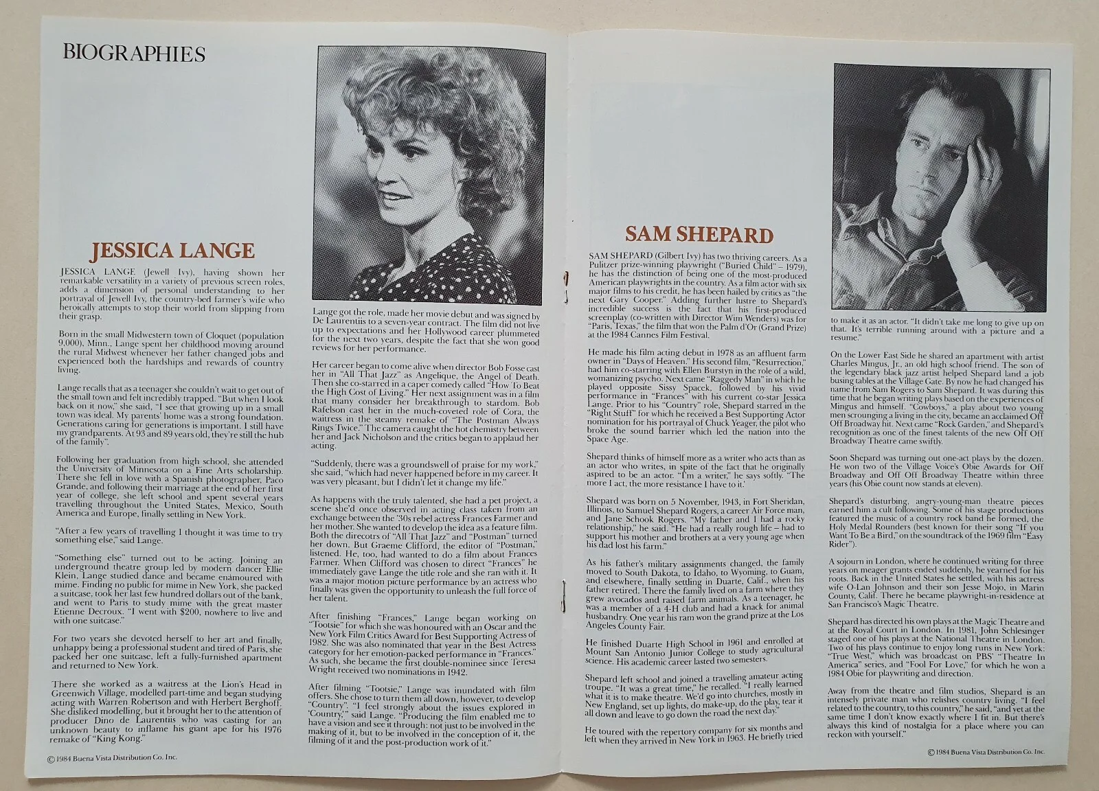 COUNTRY - VINTAGE ORIGINAL UK PRESSBOOK - JESSICA LANGE, SAM SHEPARD, изображение 3