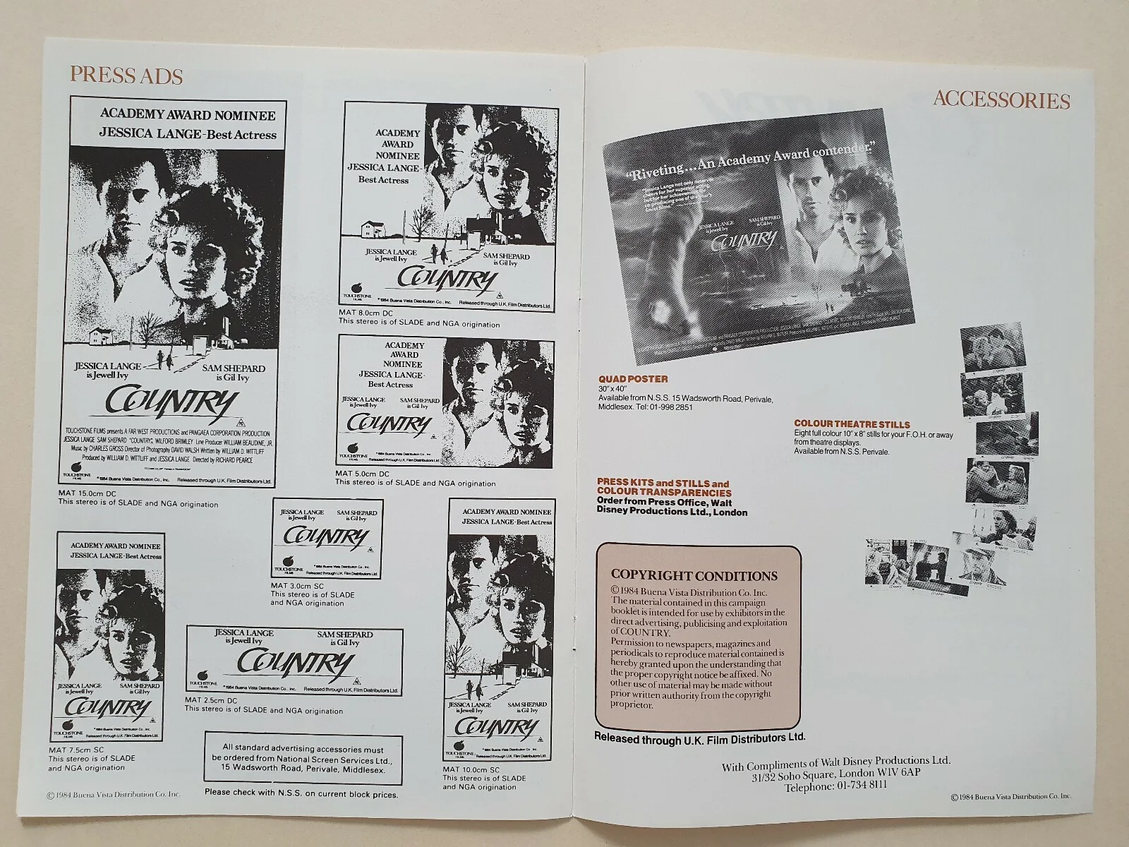 COUNTRY - VINTAGE ORIGINAL UK PRESSBOOK - JESSICA LANGE, SAM SHEPARD, изображение 4