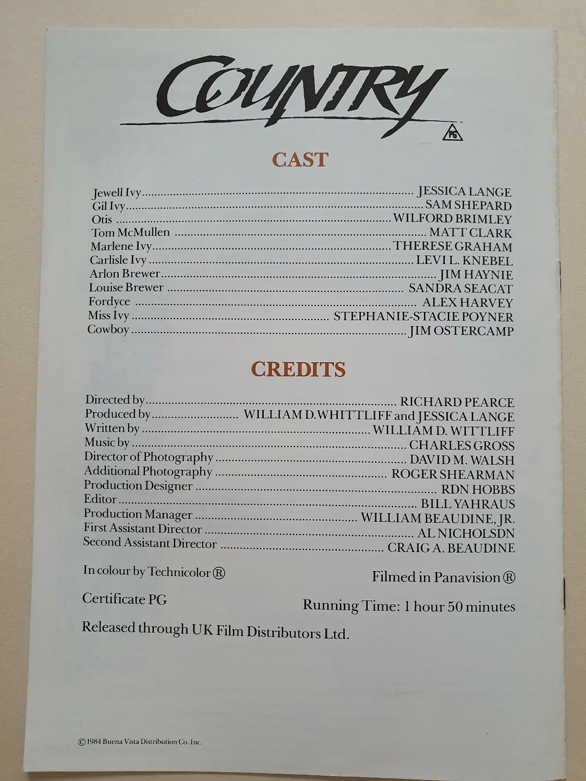 COUNTRY - VINTAGE ORIGINAL UK PRESSBOOK - JESSICA LANGE, SAM SHEPARD, изображение 5