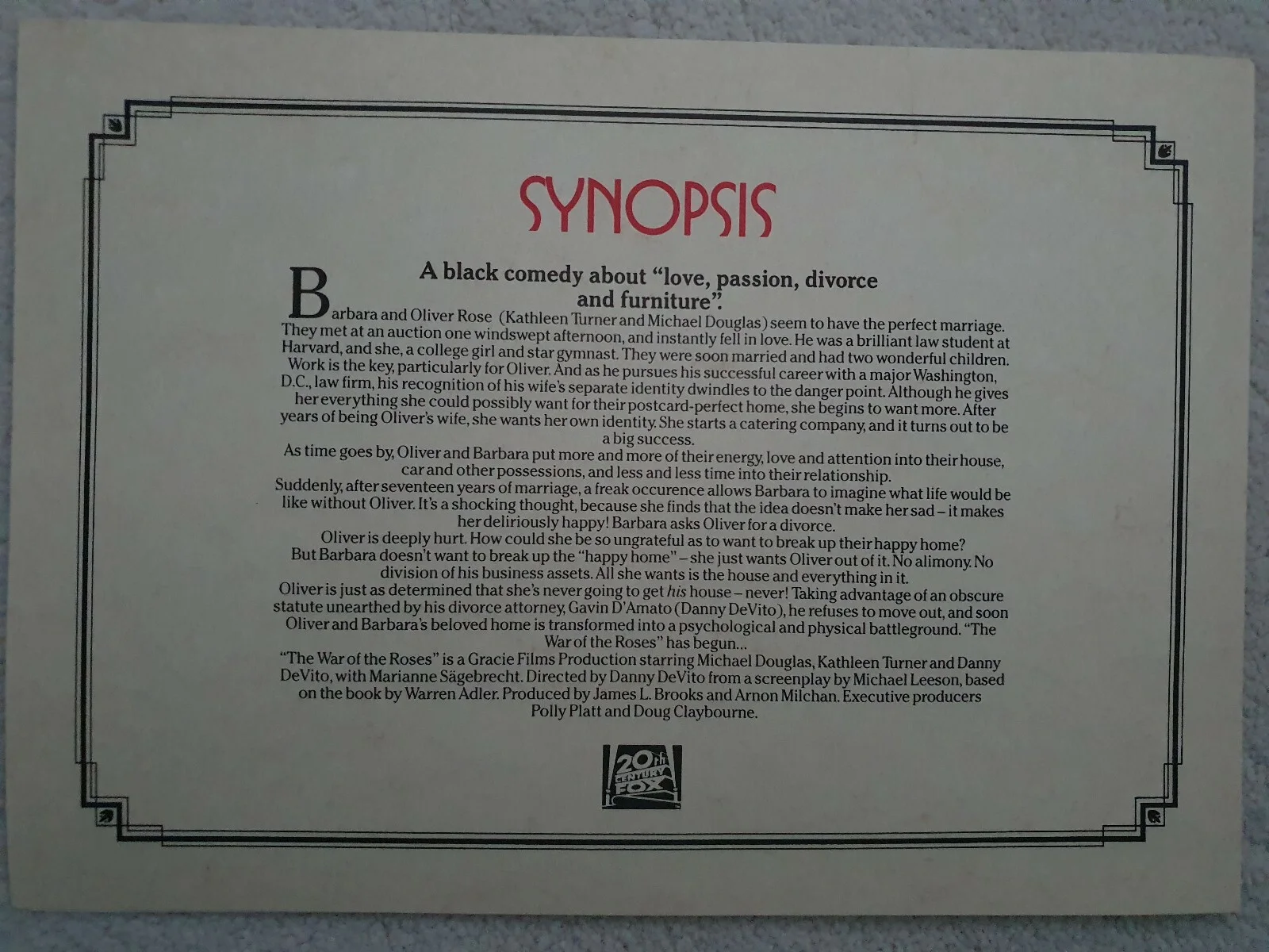 WAR OF THE ROSES - HIGH QUALITY CARD SYNOPSIS BOOKLET - TURNER, DOUGLAS, DEVITO, image 4