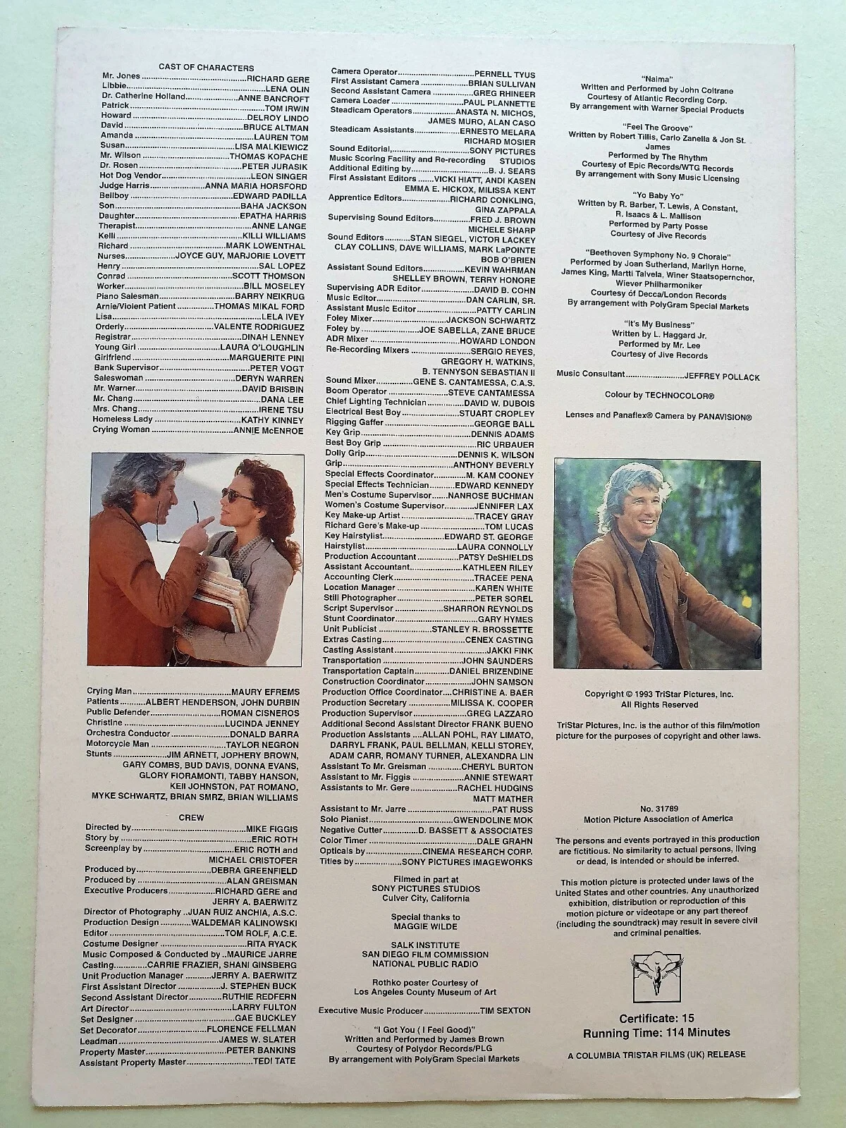 MR JONES - VINTAGE ORIGINAL COLOUR CARD SYNOPSIS - RICHARD GERE, LENA OLIN, image 2