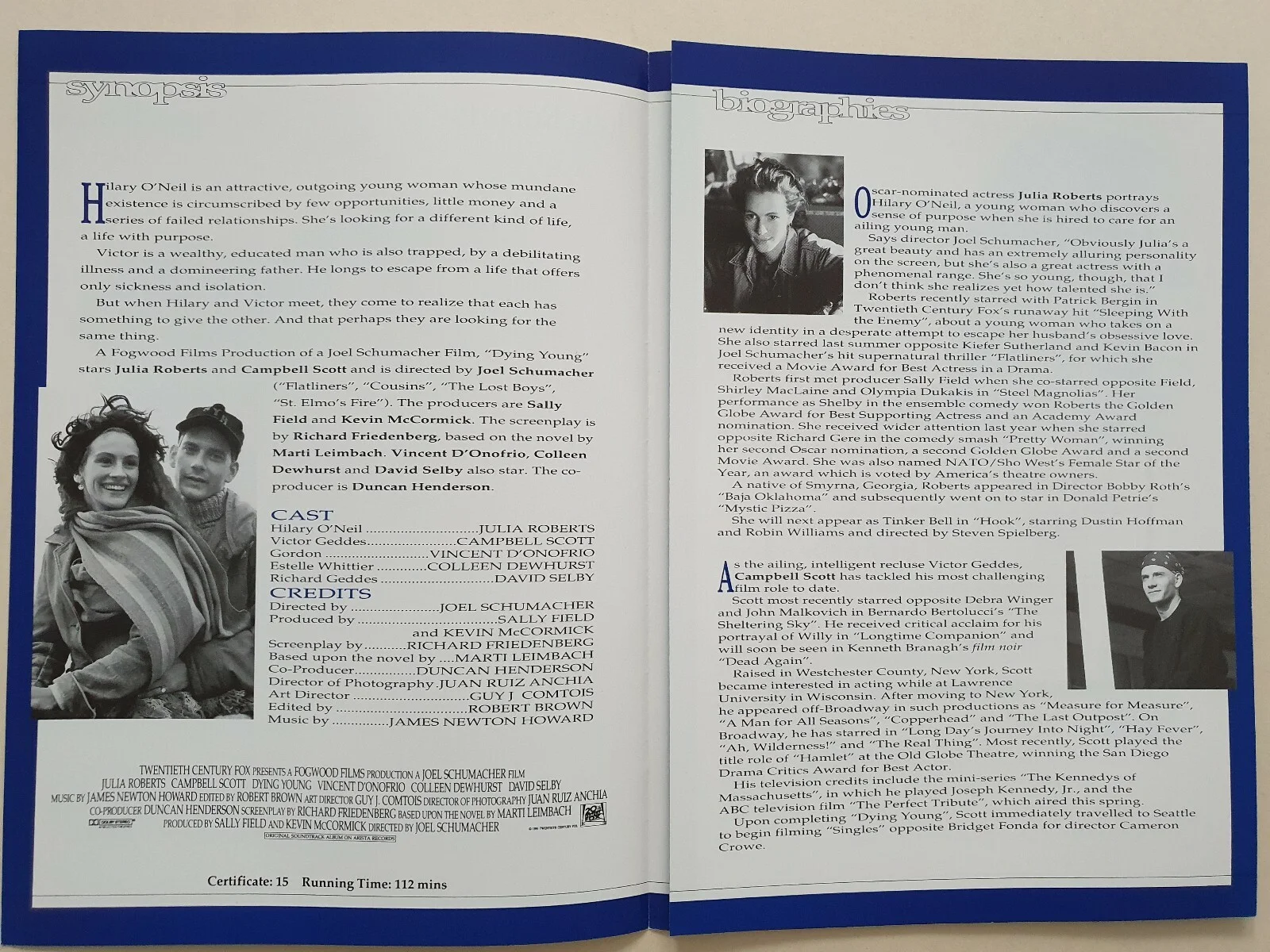 DYING YOUNG - VINTAGE GLOSSY CARD SYNOPSIS & PRESSBOOK - JULIA ROBERTS, изображение 5