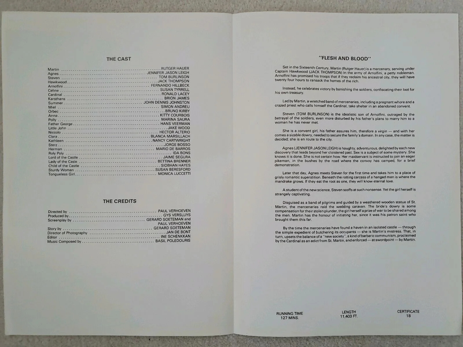 FLESH AND BLOOD - 2 VINTAGE ORIGINAL 1985 UK SYNOPSIS BOOKLETS - RUTGER HAUER, image 2