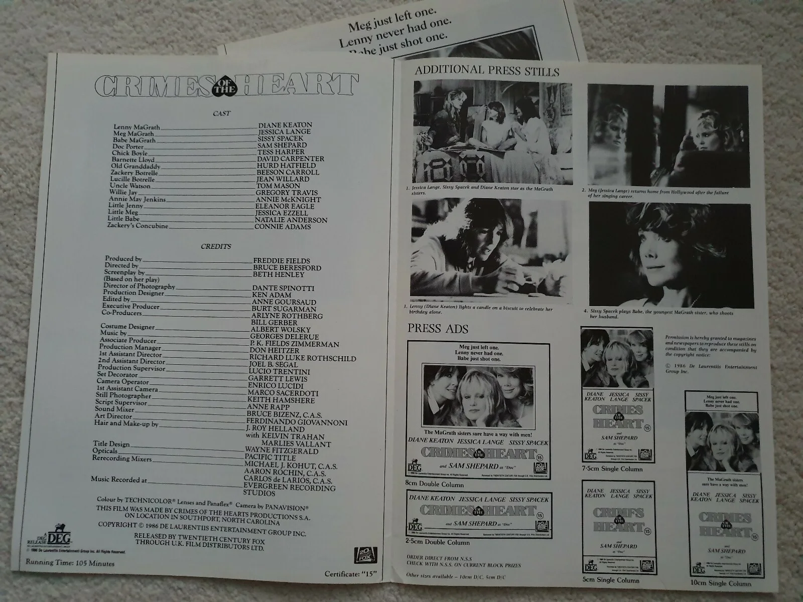 CRIMES OF THE HEART - TWO ORIGINAL 1986 UK PRESSBOOKS - J LANGE, KEATON, SPACEK, изображение 2