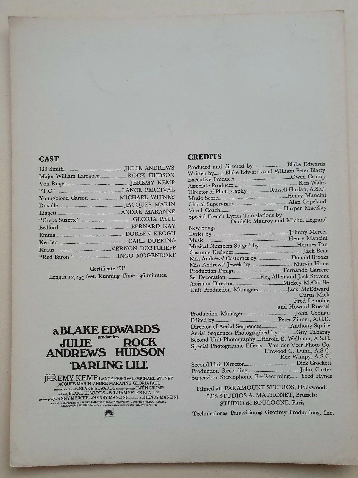 DARLING LILI - VINTAGE ORIGINAL SYNOPSIS SHEET - JULIE ANDREWS, ROCK HUDSON 1970, изображение 2