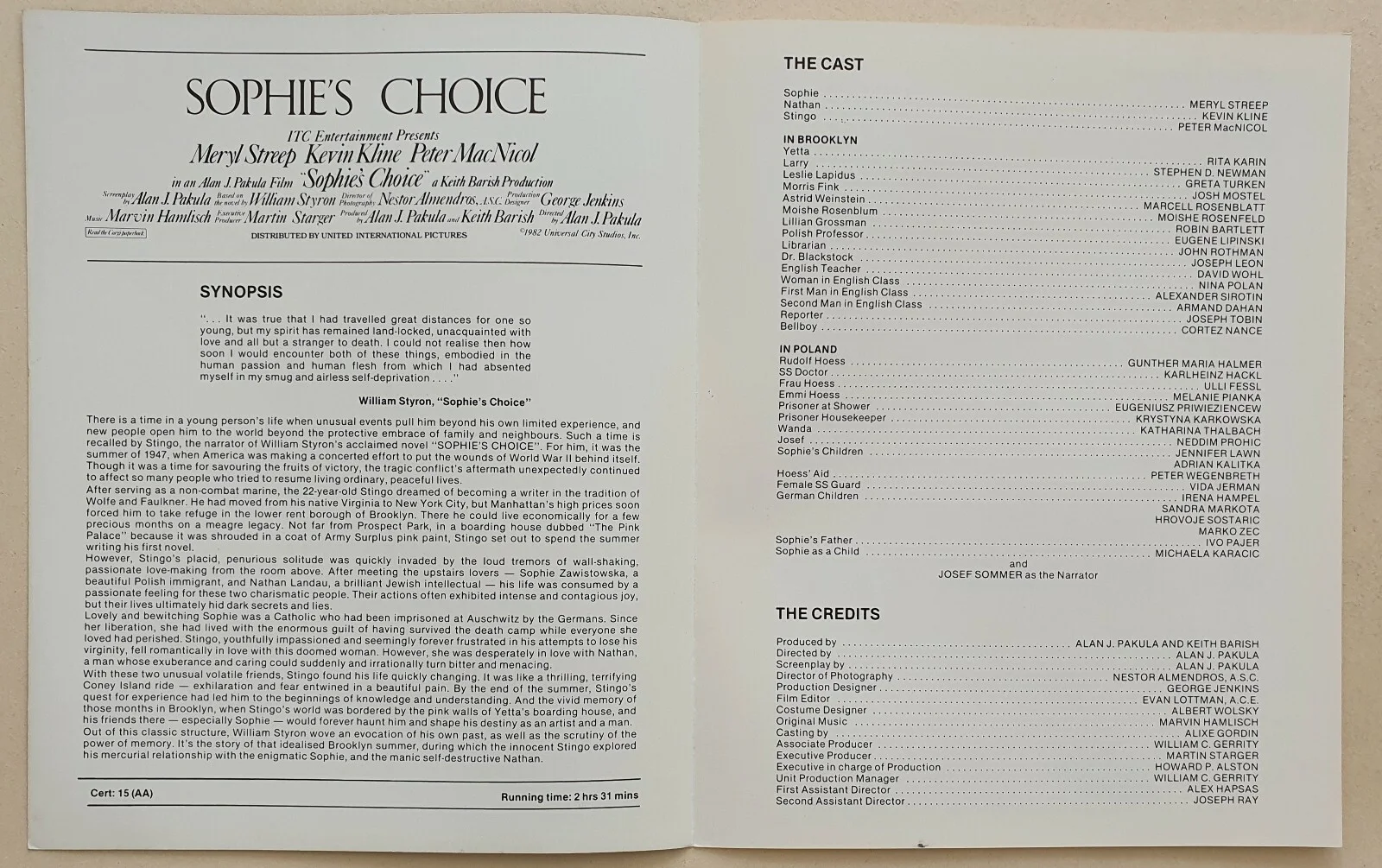 SOPHIE'S CHOICE - VINTAGE ORIGINAL PRESS SYNOPSIS BOOKLET - MERYL STREEP, KLINE, image 2