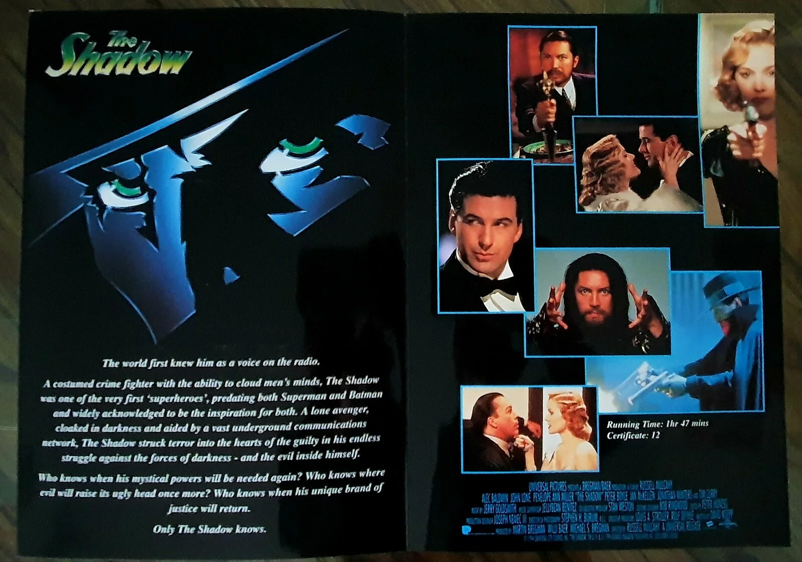 THE SHADOW - HIGH QUALITY ORIGINAL GLOSSY SYNOPSIS BOOKLET CARD - ALEC BALDWIN, image 2