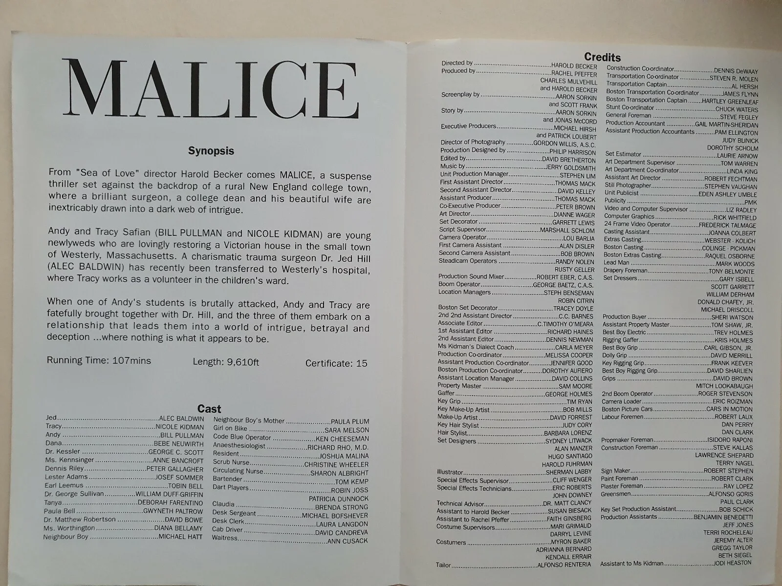 MALICE - VINTAGE PRESS AD SHEET & SYNOPSIS BOOKLET - NICOLE KIDMAN, ALEC BALDWIN, image 2