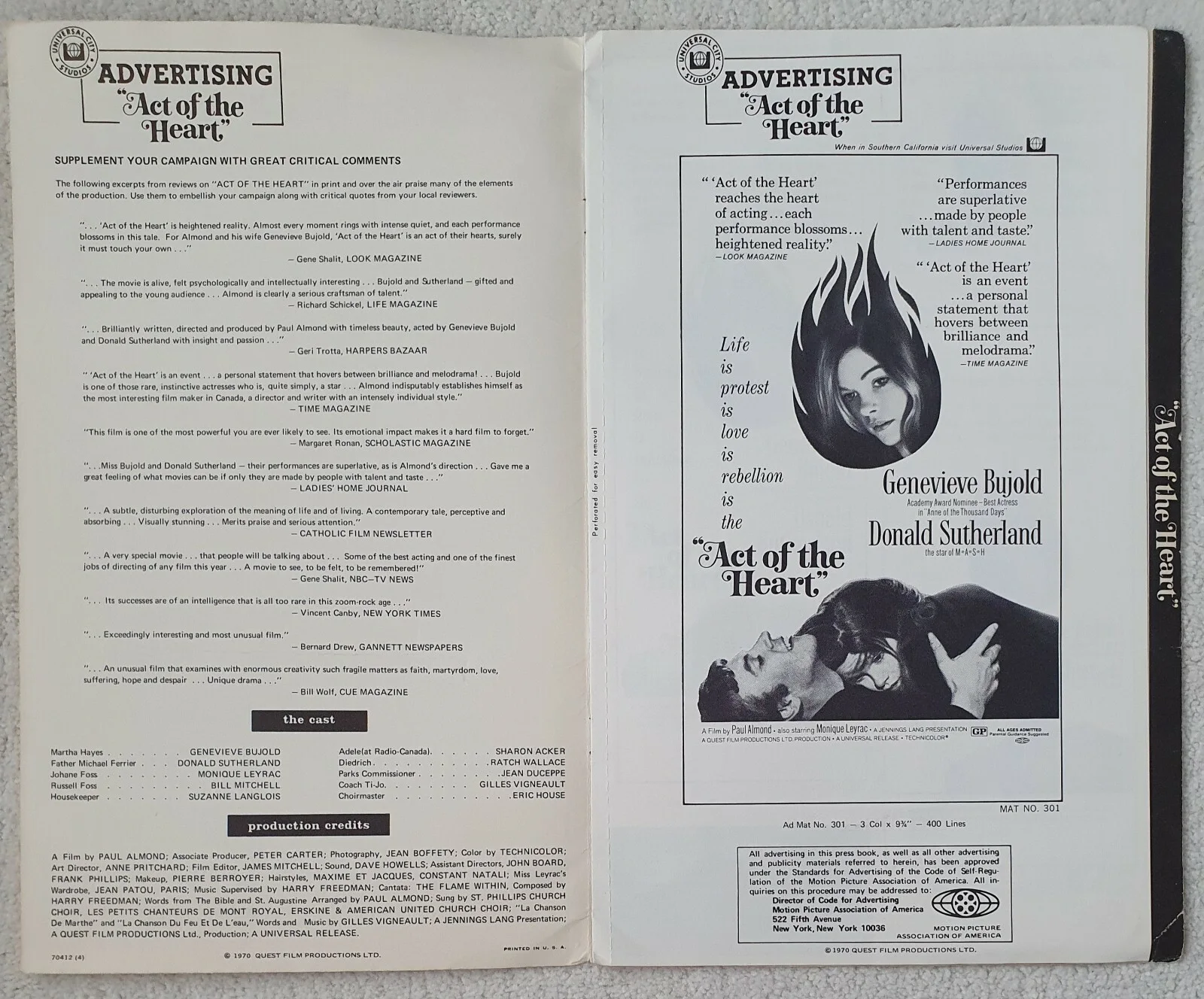 ACT OF THE HEART VINTAGE ORIGINAL 1970 US PRESSBOOK GENEVIEVE BUJOLD, SUTHERLAND, изображение 2