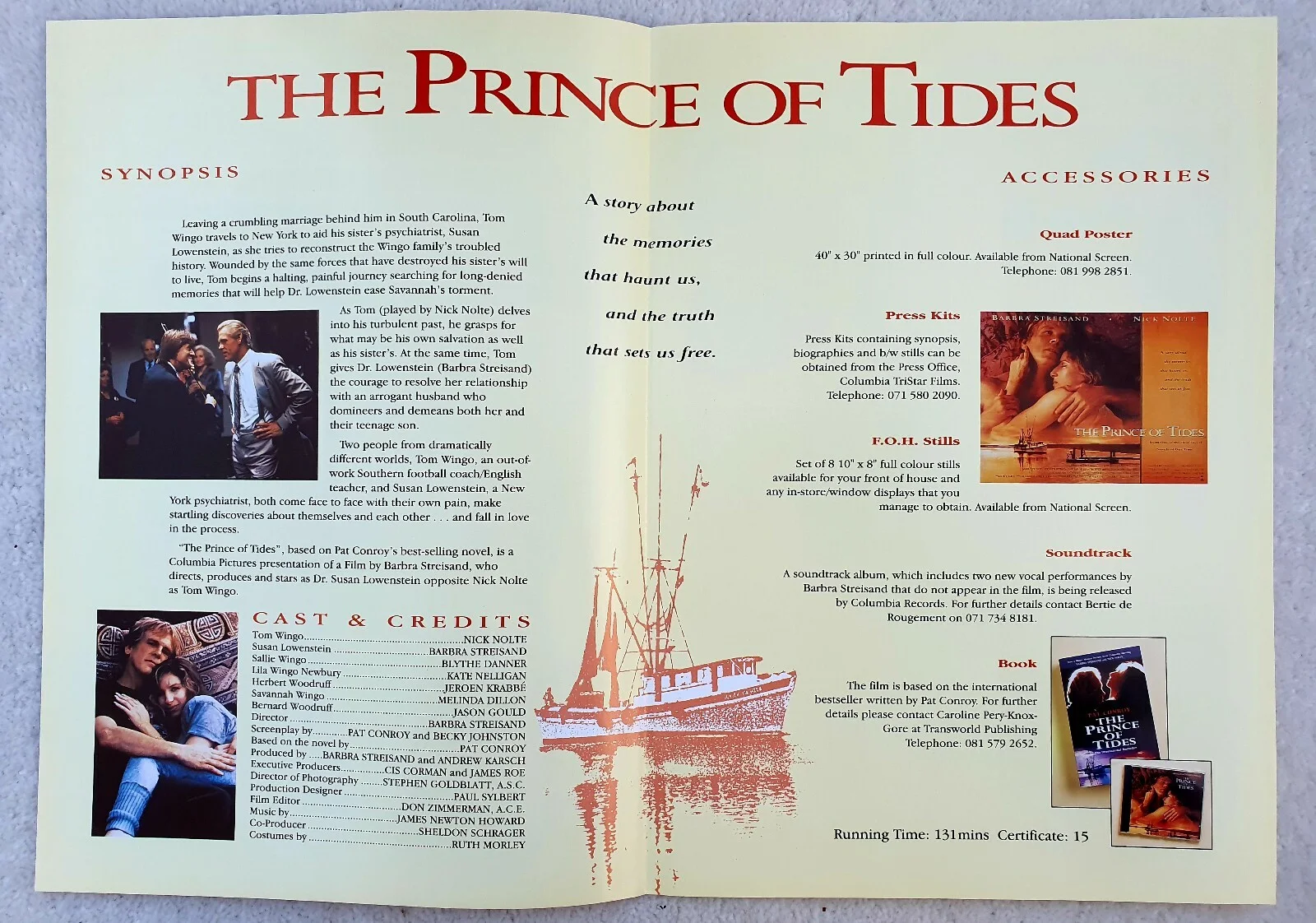 PRINCE OF TIDES ORIGINAL UK PRESSBOOK - BARBRA STREISAND, NICK NOLTE, изображение 2