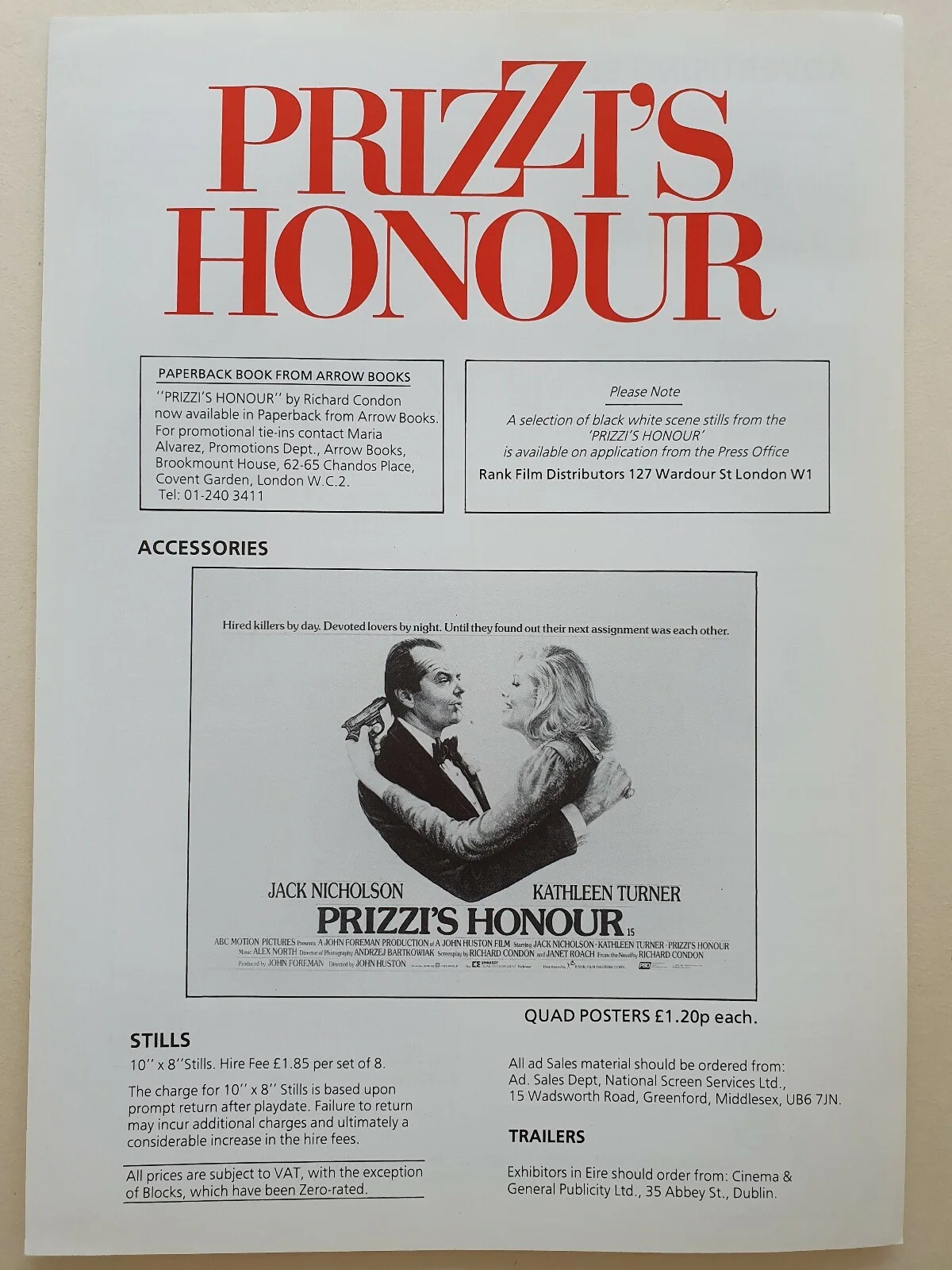 PRIZZI'S HONOUR - VINTAGE PRESS AD SHEET & SYNOPSIS SHEET JACK NICHOLSON, TURNER, image 2