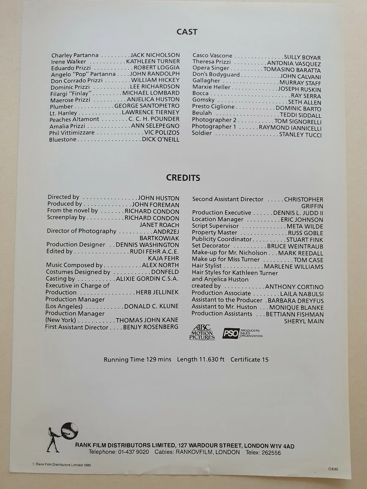 PRIZZI'S HONOUR - VINTAGE PRESS AD SHEET & SYNOPSIS SHEET JACK NICHOLSON, TURNER, image 3