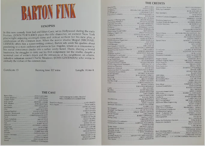 BARTON FINK - VINTAGE PRESS INFO SYNOPSIS BOOKLET - JOHN GOODMAN, JOHN TURTURRO, изображение 2