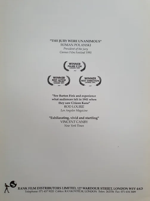 BARTON FINK - VINTAGE PRESS INFO SYNOPSIS BOOKLET - JOHN GOODMAN, JOHN TURTURRO, изображение 3