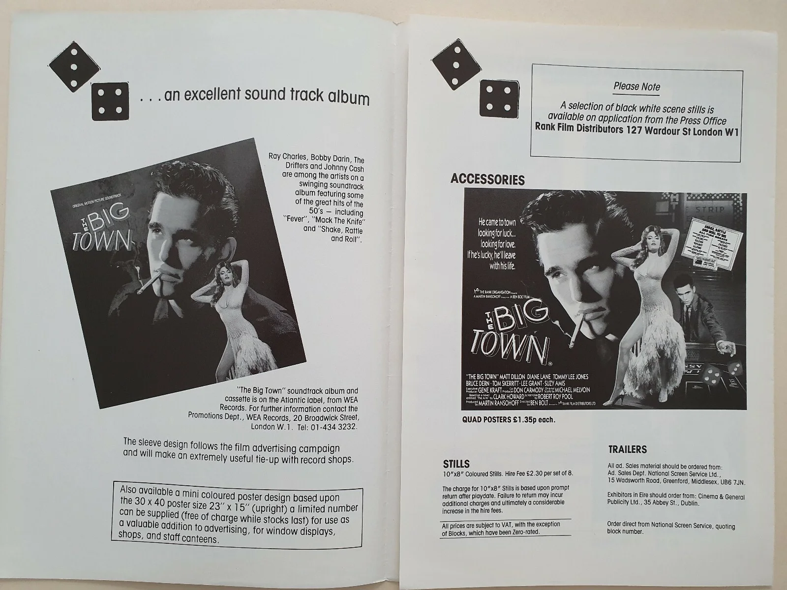 THE BIG TOWN - VINTAGE PRESSBOOK & SYNOPSIS BOOKLET - MATT DILLON, DIANE LANE, изображение 2