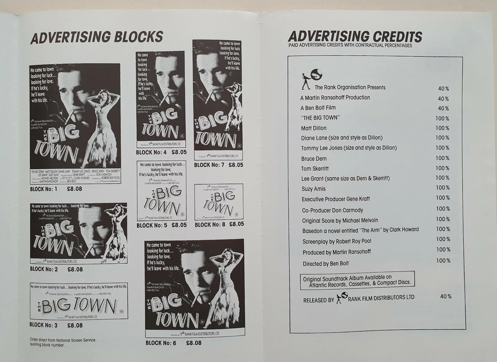 THE BIG TOWN - VINTAGE PRESSBOOK & SYNOPSIS BOOKLET - MATT DILLON, DIANE LANE, изображение 3