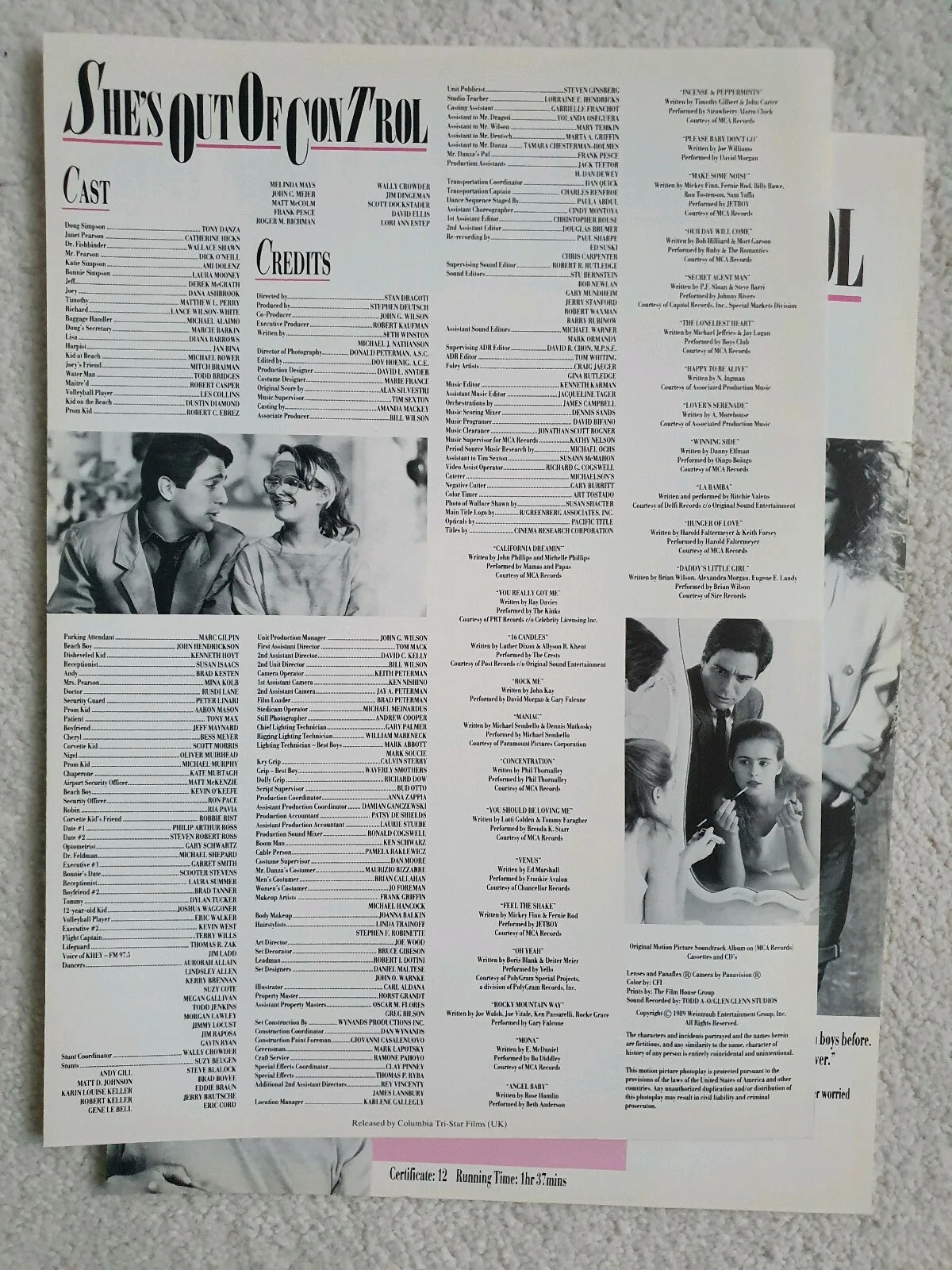 SHE'S OUT OF CONTROL - 2 VINTAGE ORIGINAL SYNOPSIS SHEETS - TONY DANZA, image 2