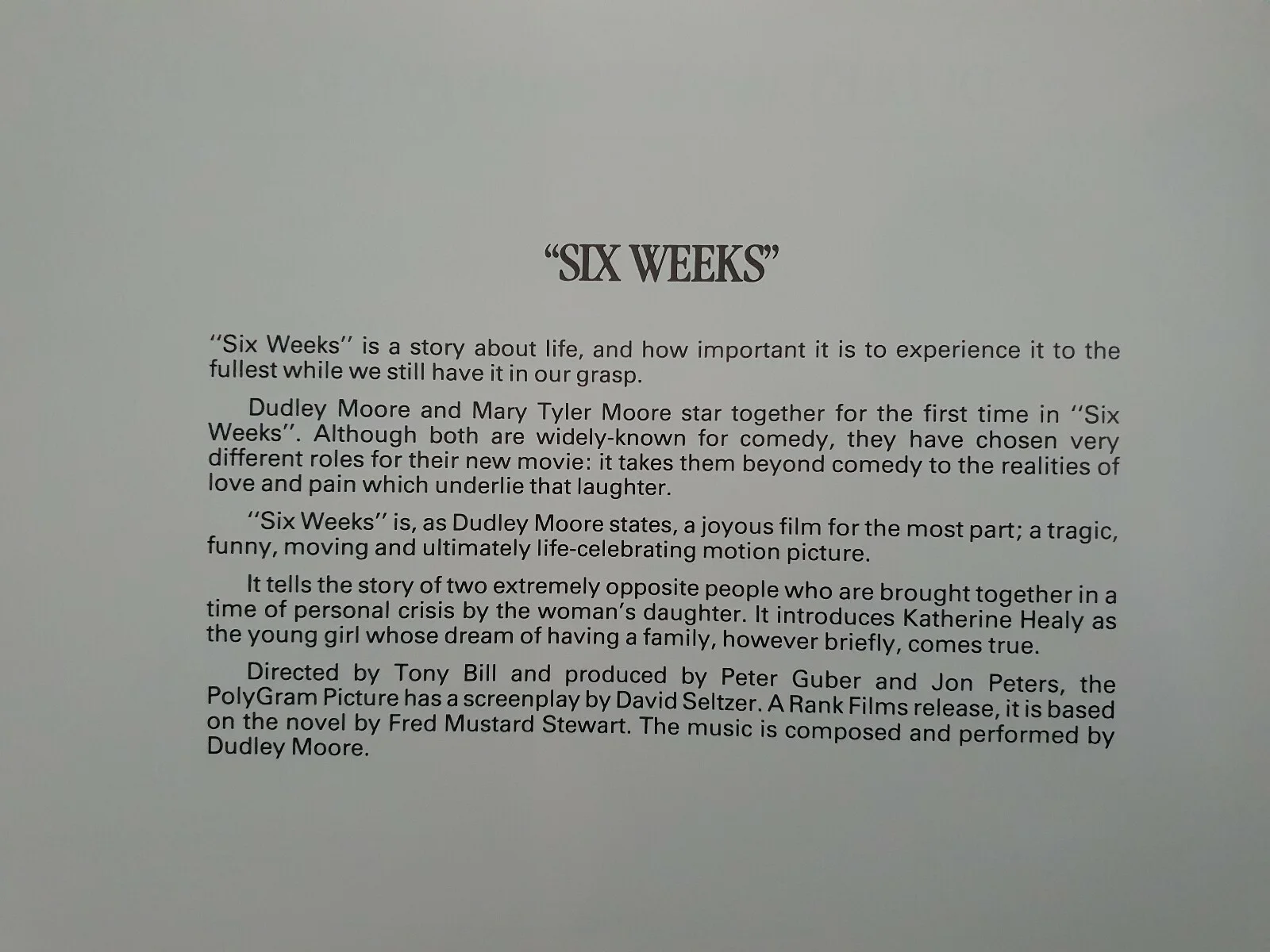 SIX WEEKS - 2 VINTAGE PRESS SYNOPSIS BOOKLETS - DUDLEY MOORE, MARY TYLER MOORE, image 2