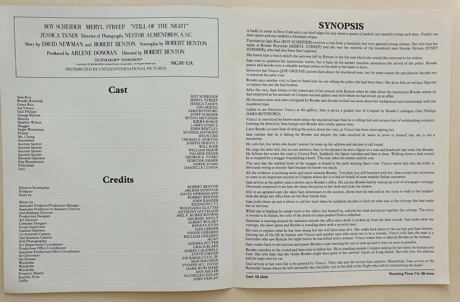 STILL OF THE NIGHT - VINTAGE ORIGINAL PRESS SYNOPSIS BOOKLET - MERYL STREEP, изображение 2