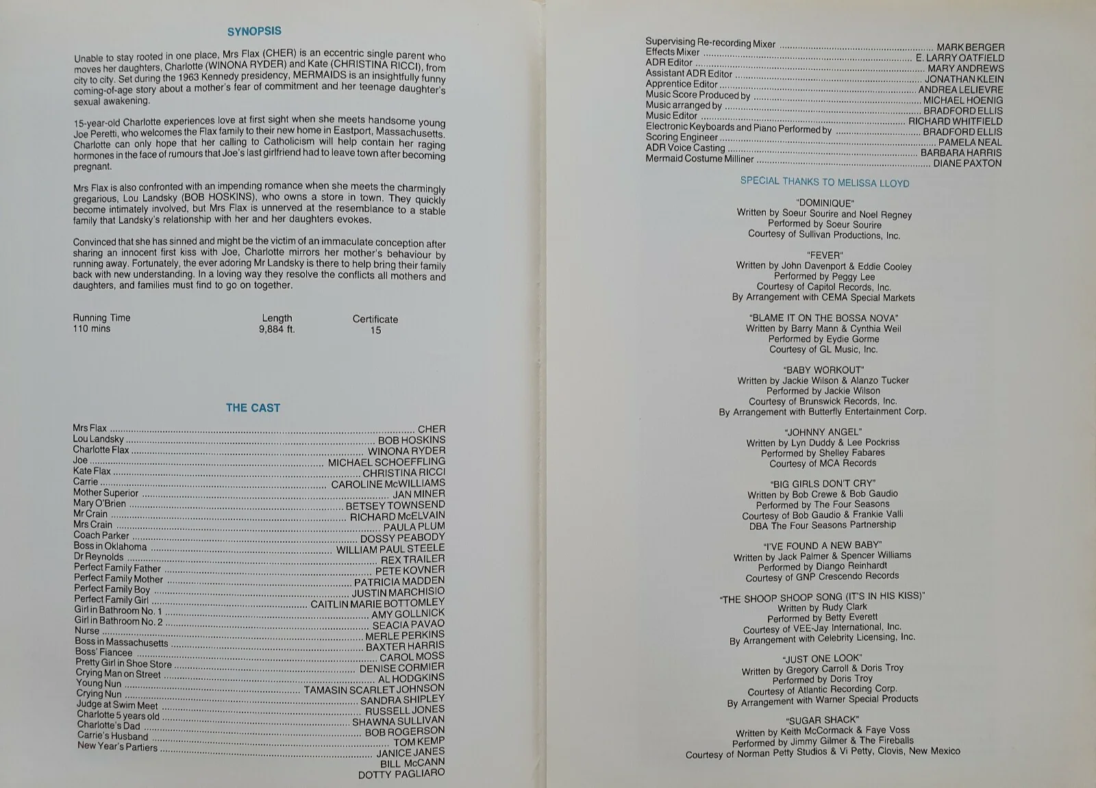 MERMAIDS - VINTAGE ORIGINAL SYNOPSIS BOOKLET - CHER, WINONA RYDER, BOB HOSKINS, изображение 2