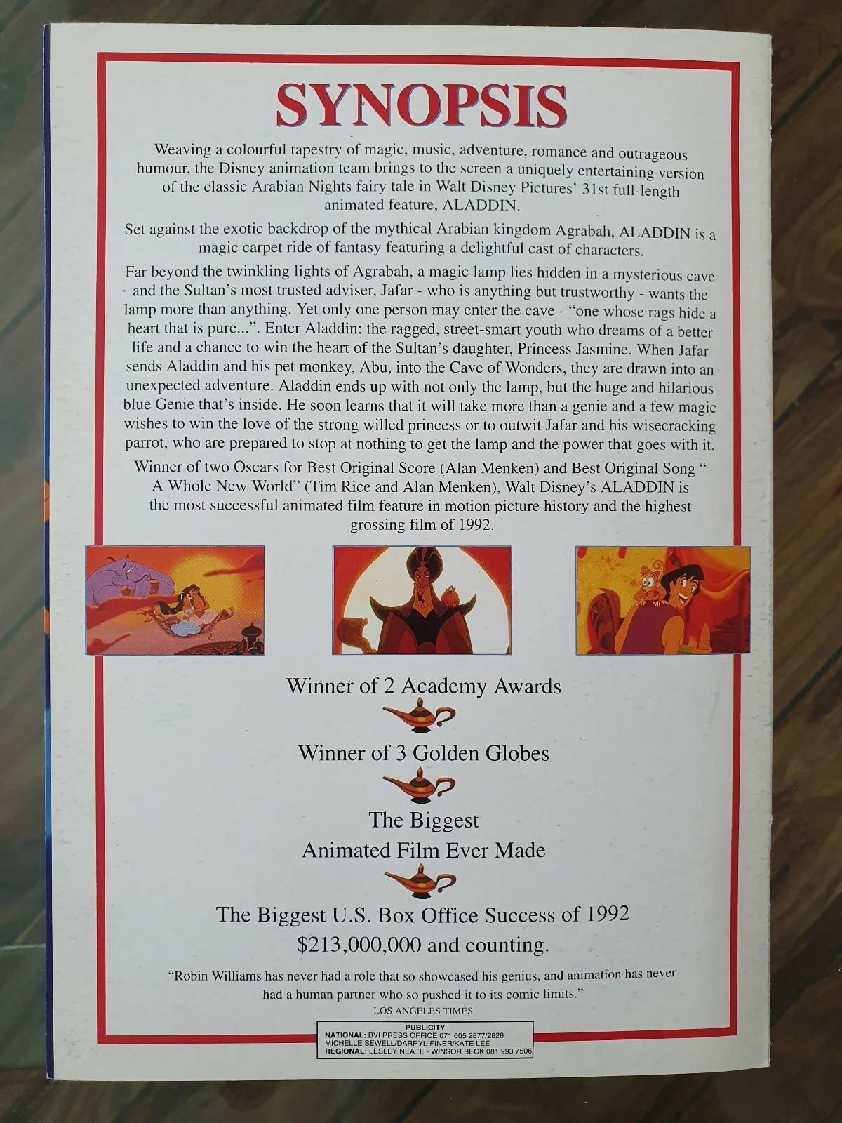 ALADDIN - HIGH QUALITY ORIGINAL FOLDOUT SYNOPSIS CARD - WALT DISNEY ANIMATION, изображение 5
