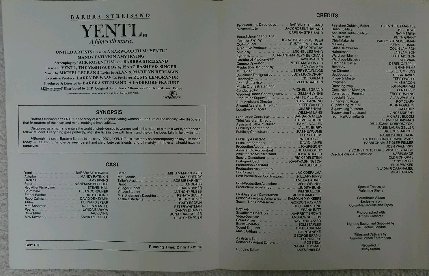 YENTL - VINTAGE PRESS INFORMATION SYNOPSIS BOOKLET - BARBRA STREISAND, изображение 2