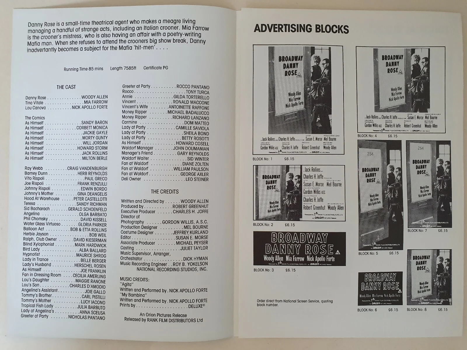 WOODY ALLEN - BROADWAY DANNY ROSE - VINTAGE PRESSBOOK - MIA FARROW, изображение 3