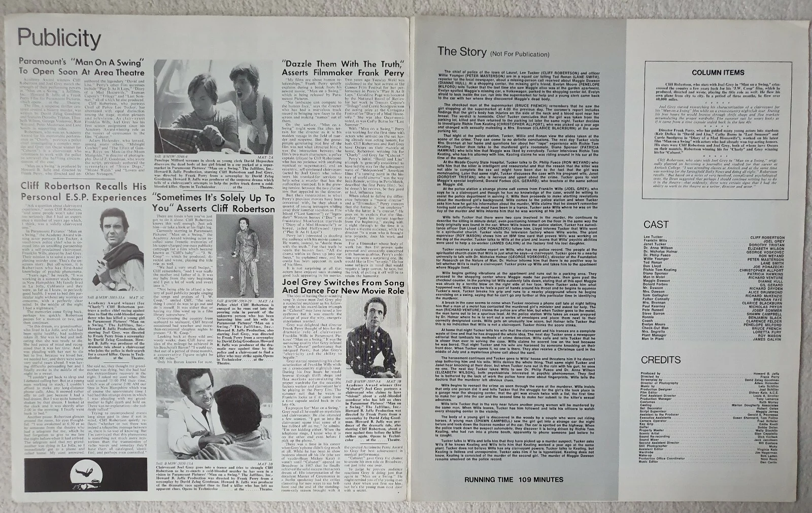 MAN ON A SWING - 1974 US PRESSBOOK - CLIFF ROBERTSON, JOEL GREY * UNFOLDED *, image 4