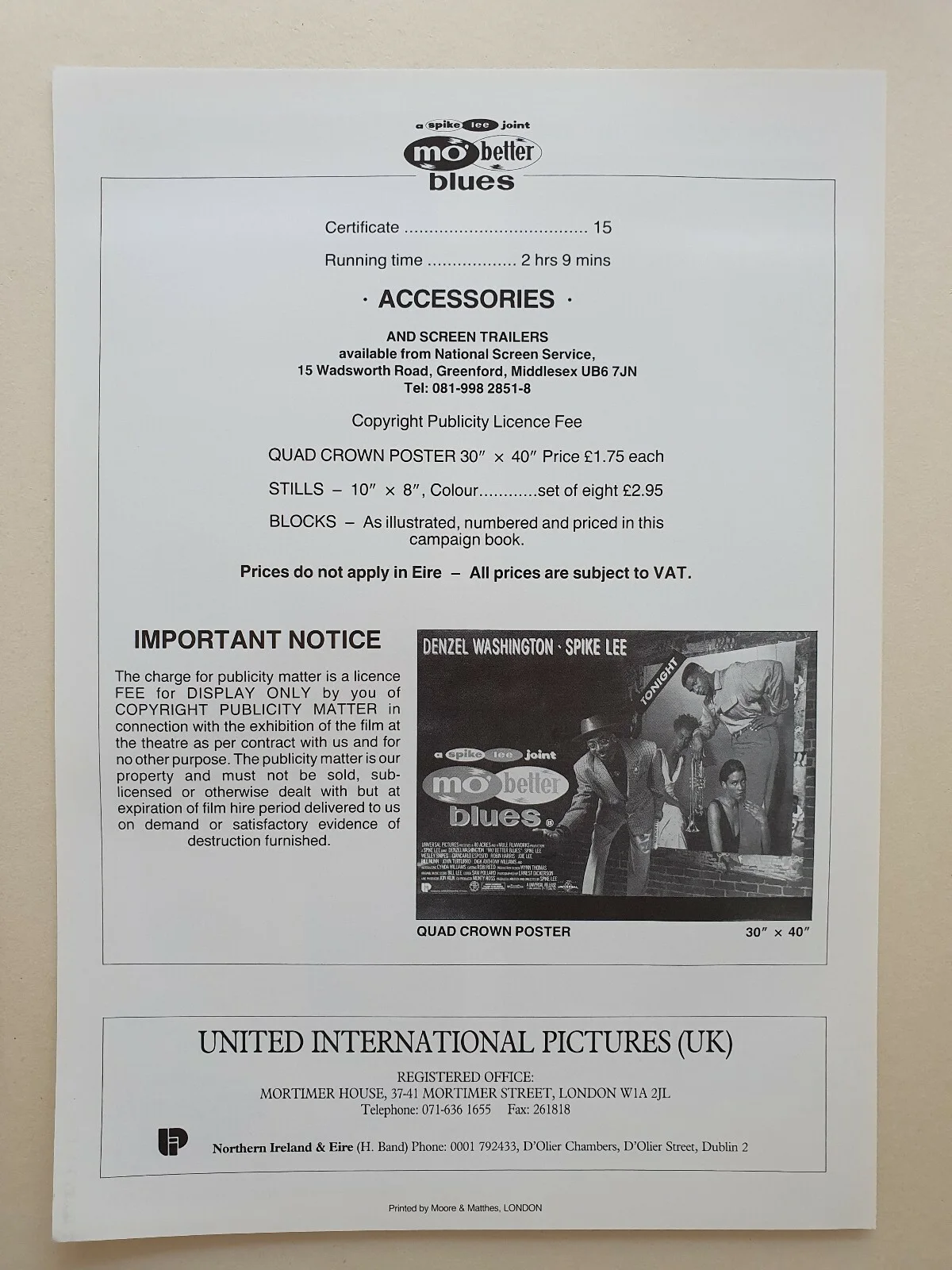 MO BETTER BLUES - VINTAGE PRESS AD SHEET & SYNOPSIS BOOKLET - SPIKE LEE DENZEL W, изображение 2