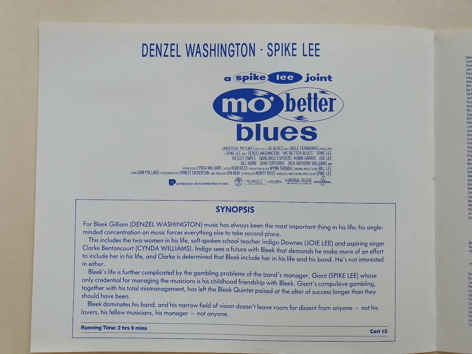 MO BETTER BLUES - VINTAGE PRESS AD SHEET & SYNOPSIS BOOKLET - SPIKE LEE DENZEL W, изображение 3