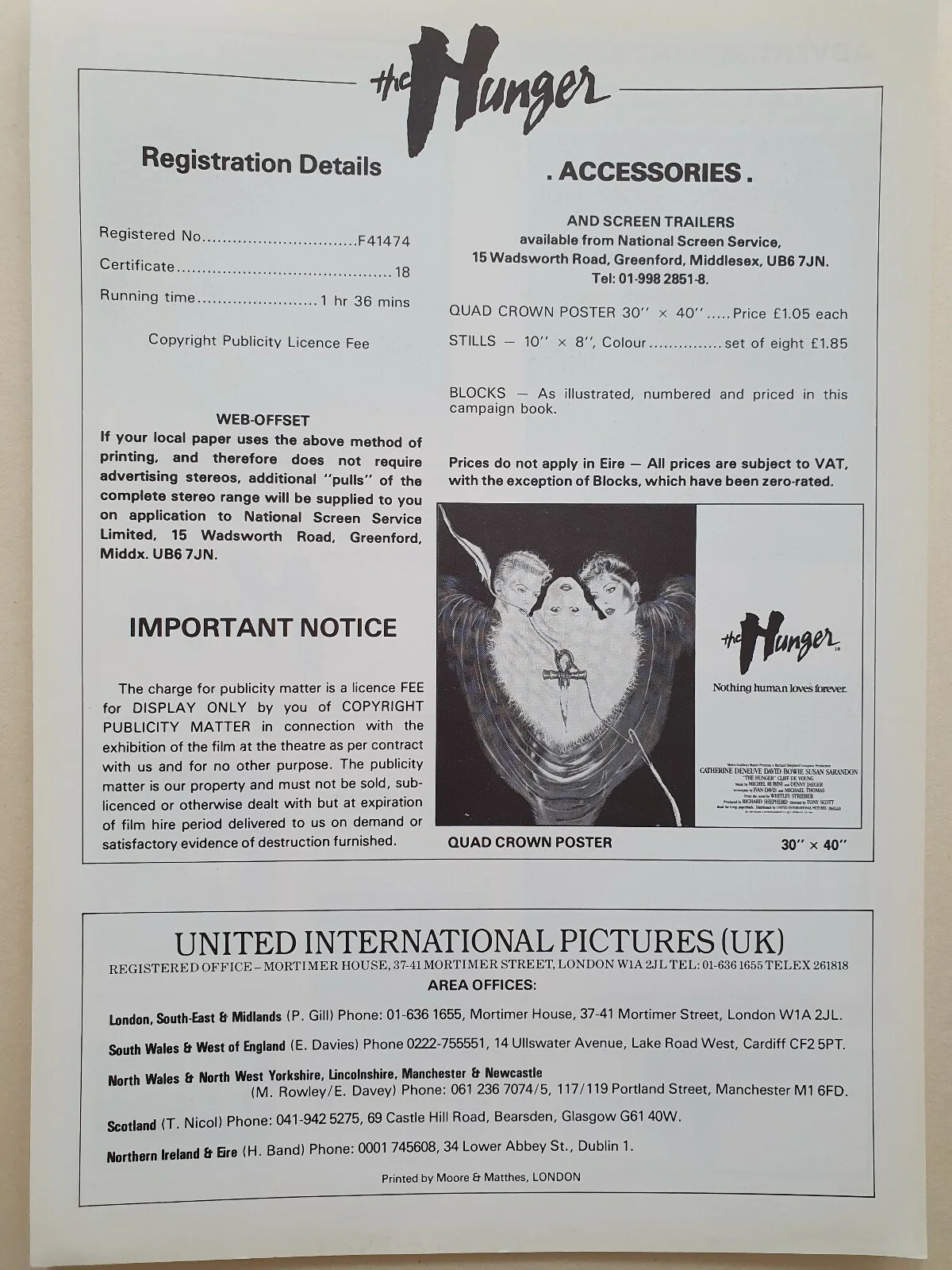 THE HUNGER - VINTAGE ORIGINAL PRESS INFO SHEET BOWIE, DENEUVE, SARANDON VAMPIRES, изображение 2