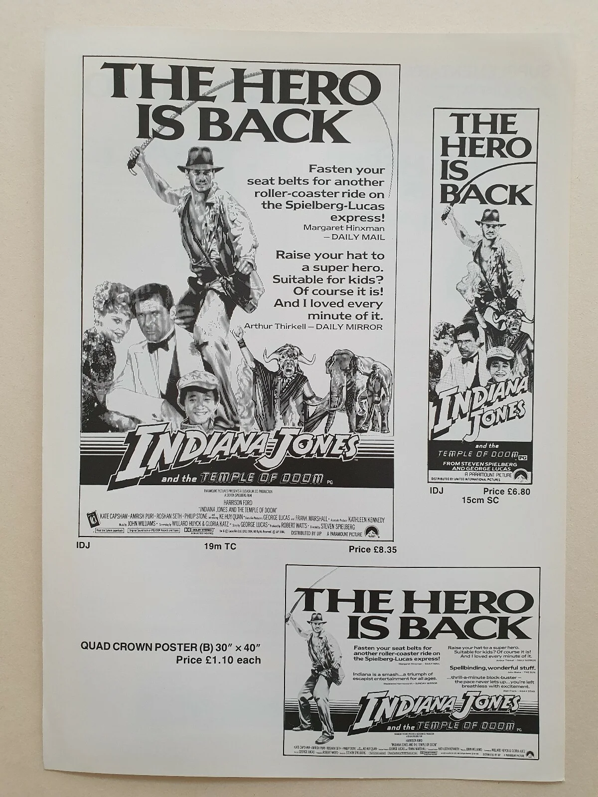 INDIANA JONES TEMPLE OF DOOM - VINTAGE ORIGINAL PRESS INFO SHEET -HARRISON FORD, image 2