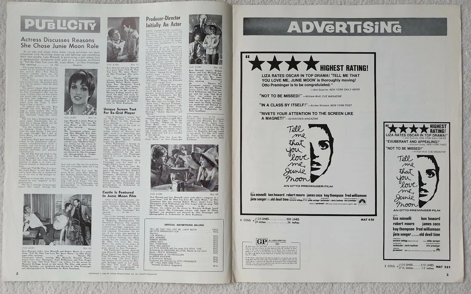 TELL ME YOU LOVE ME JUNIE MOON - 1970 US PRESSBOOK - LIZA MINNELLI * UNFOLDED *, изображение 2
