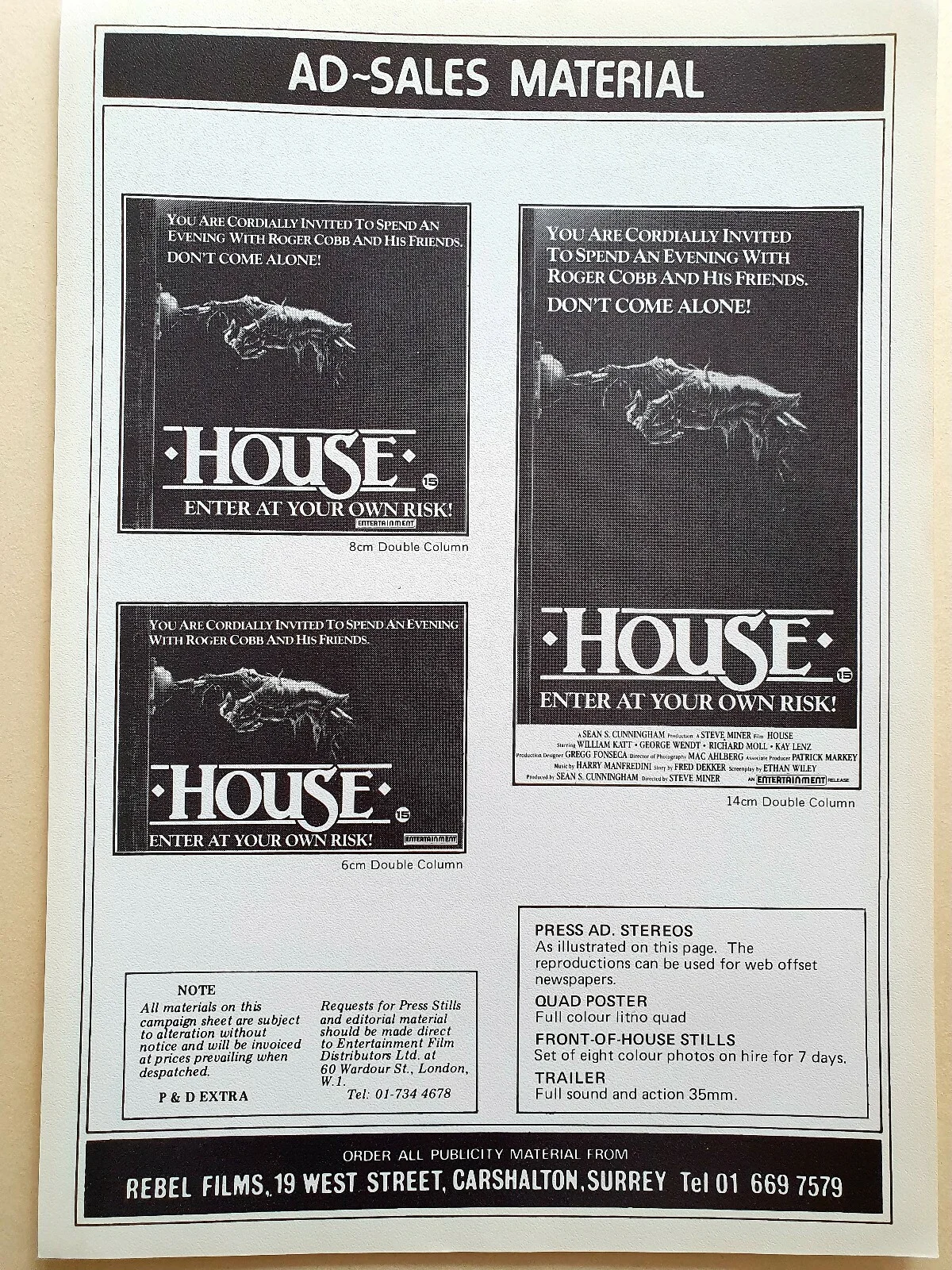 HOUSE - VINTAGE ORIGINAL PRESS INFO SYNOPSIS SHEET - WILLIAM KATT - HORROR, image 2