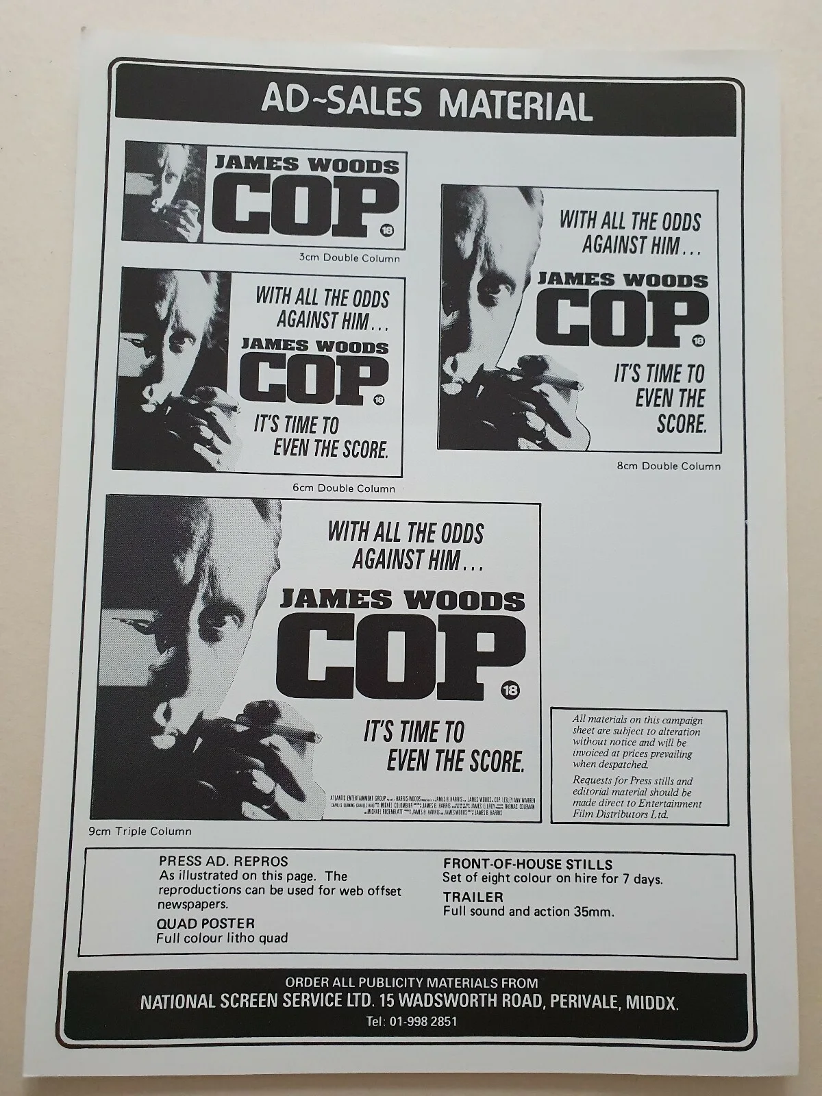 COP - 2 VINTAGE ORIGINAL PRESS INFO SYNOPSIS SHEETS - JAMES WOODS LESLEY WARREN, image 2