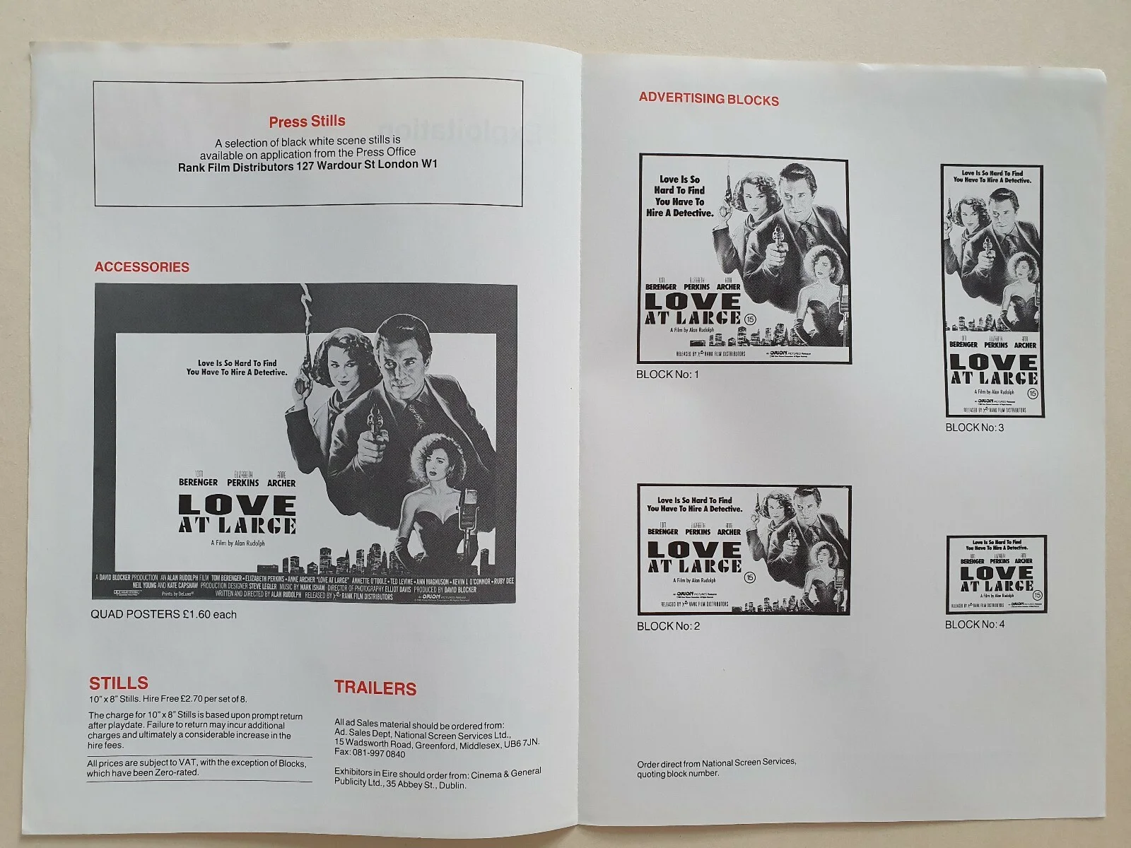 LOVE AT LARGE - ORIGINAL UK PRESSBOOK & SYNOPSIS BOOKLET - TOM BERENGER, ARCHER, image 2